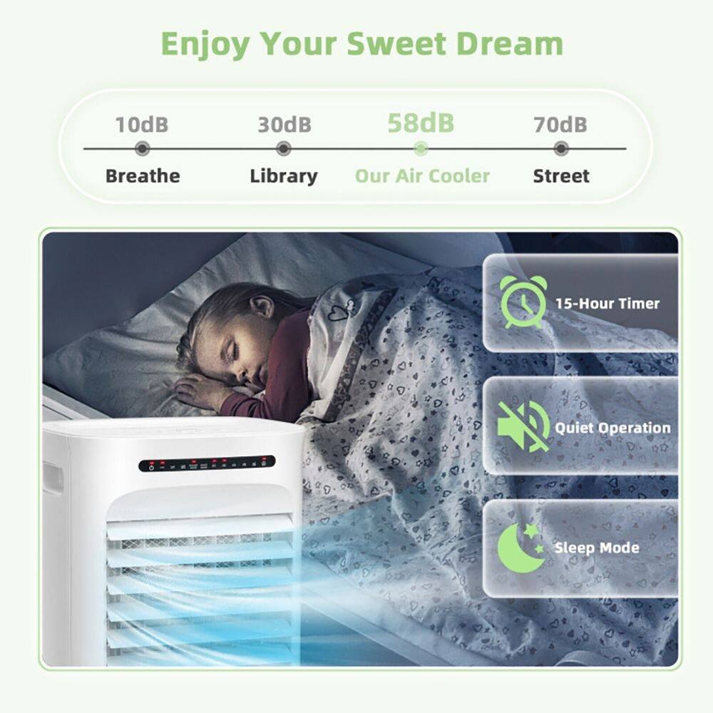 Enjoy Your Sweet Dream

10dB Breathe  
30dB Library  
58dB Our Air Cooler  
70dB Street

15-Hour Timer  
Quiet Operation  
Sleep Mode