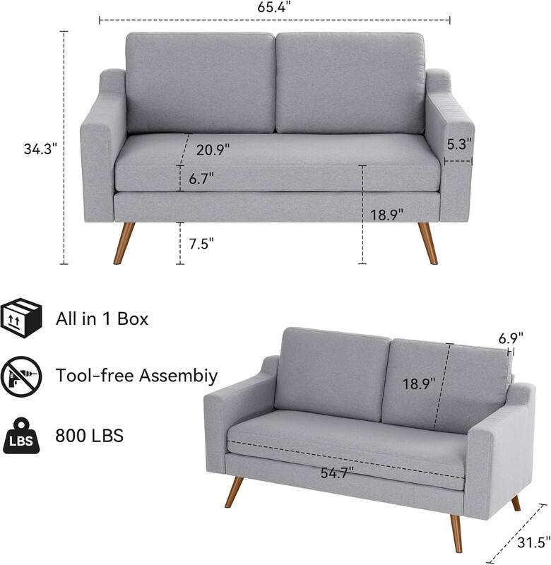 Here are the corrected measurements and features from the image:

**Dimensions:**
- 65.4" (length)
- 34.3" (height)
- 20.9" (depth)
- 5.3" (armrest height)
- 6.7" (seat height)
- 18.9" (back height)
- 7.5" (leg height)
- 54.7" (overall width)
- 31.5" (overall depth)

**Features:**
- All in 1 Box
- Tool-free Assembly
- Weight Capacity: 800 LBS