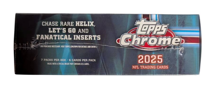 CHASE RARE HELIX, LET'S GO AND FANATICAL INSERTS Chrome (NO PURCHASE NECESSARY. VISIT TOPPS.COM/NPN FOR DETAILS AND ENTRY.) 7 PACKS PER BOX / 6 CARDS PER PACK 2025 PACKS WITH A SPECIAL INSERT MAY CONTAIN LESS CARDS. NFL TRADING CARDS