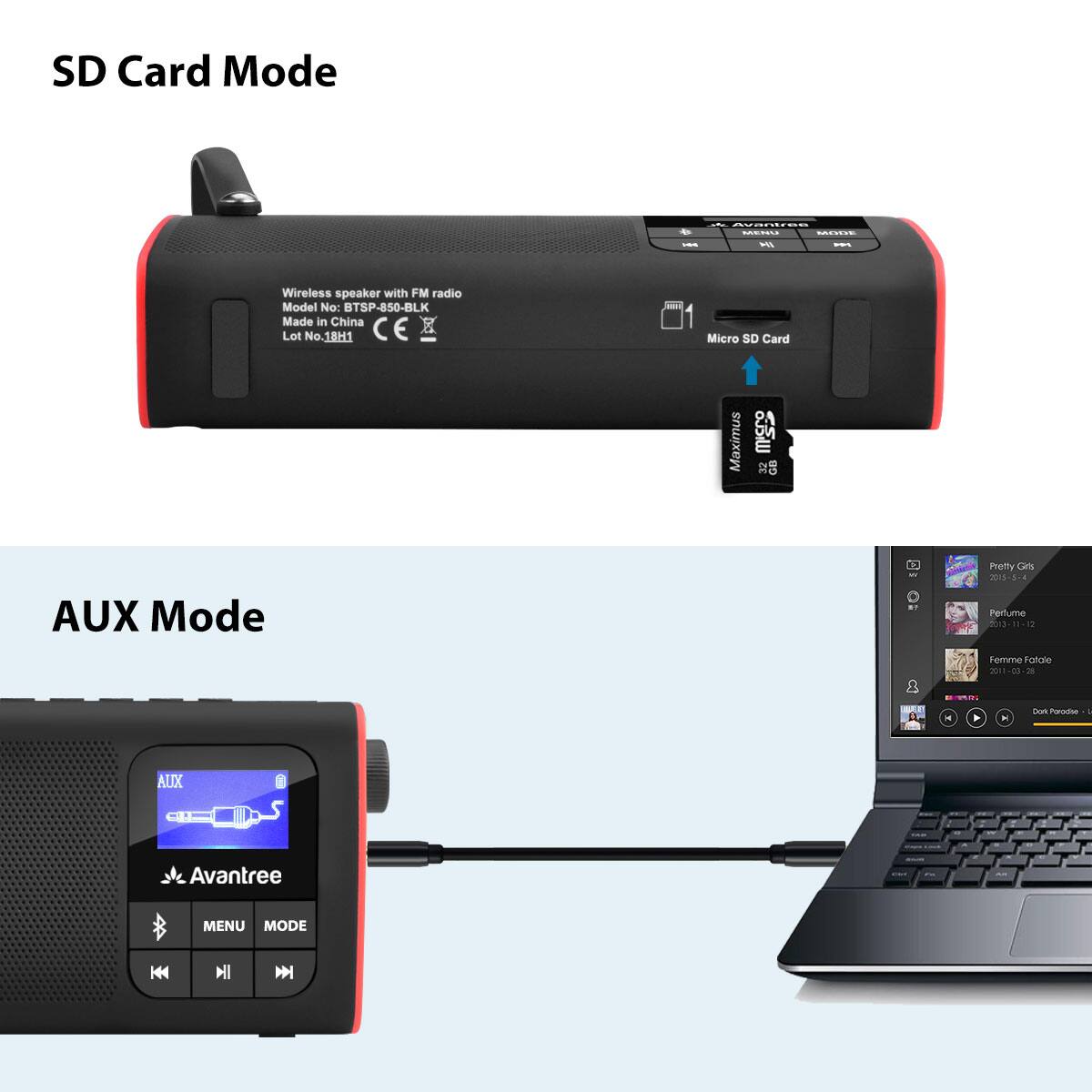 SD Card Mode

Wireless speaker with FM radio  
Model No: BTSP-850-BLK  
Made in China  
Lot No. 18H1  

Micro SD Card  
Maximum 32GB  

AUX Mode

AUX  
Avantree  
MENU MODE  

Micro SD Card  
Maximum 32GB  

Pretty Girls  
Perfume  
2013-11-12  

Femme Fatale  
2011-03-28  

Dark Roasted - U