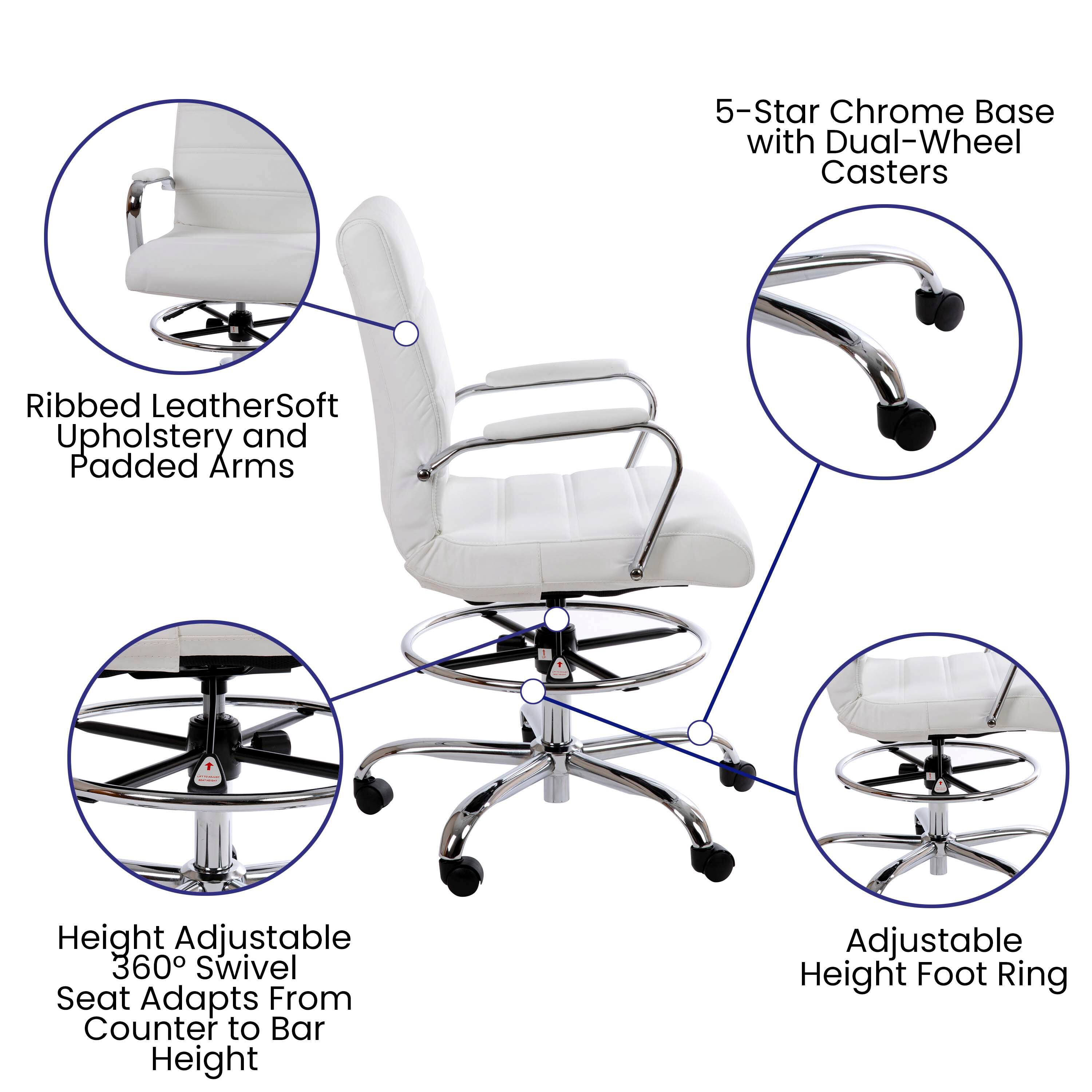 5-Star Chrome Base with Dual-Wheel Casters  
Ribbed LeatherSoft Upholstery and Padded Arms  
Height Adjustable 360° Swivel Seat Adapts From Counter to Bar Height  
Adjustable Height Foot Ring