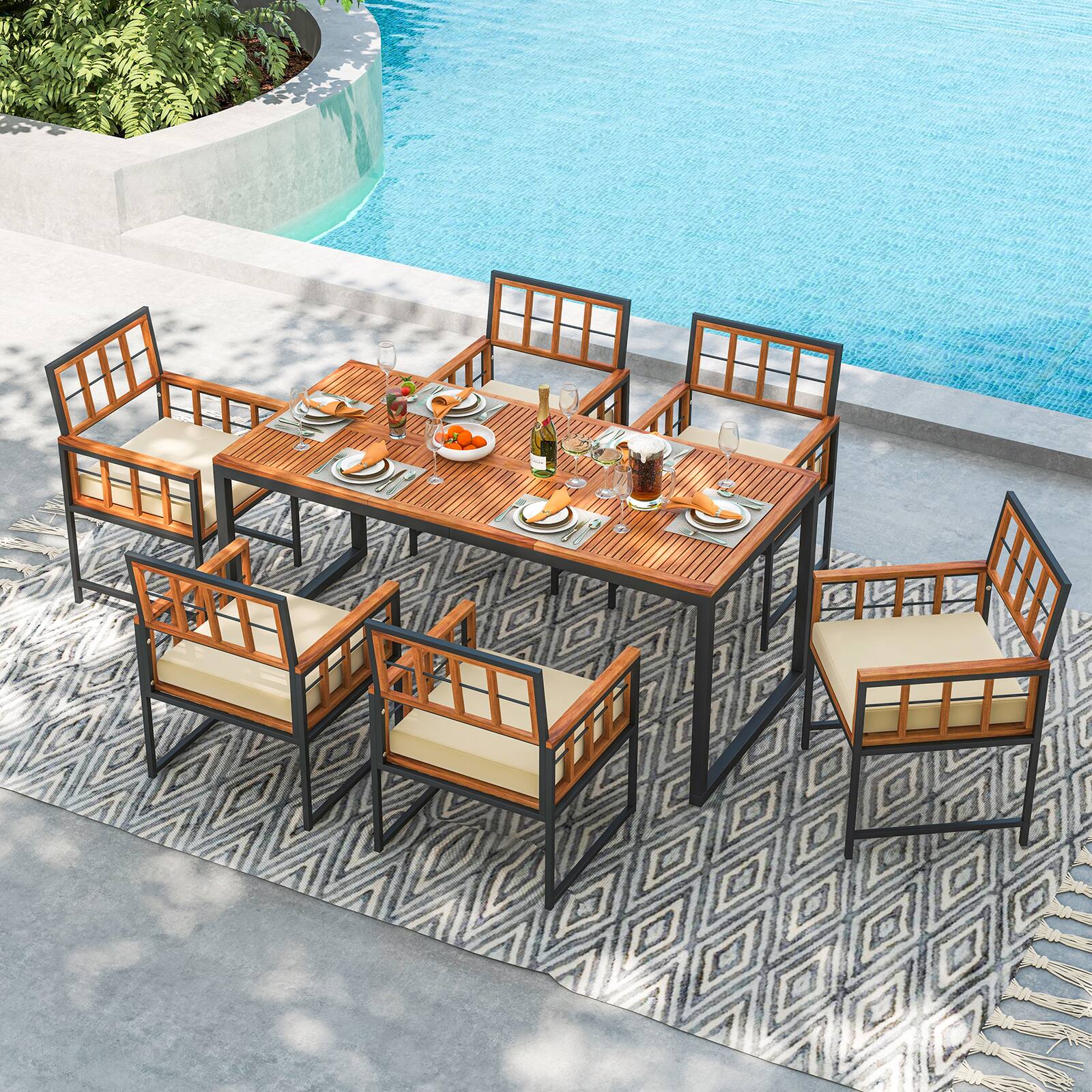 Alt View 5. Gymax - Gymax Acacia Wood Patio Chairs Set of 6 w/Cushions & Metal Frame 400 lbs Capacity - Brown.
