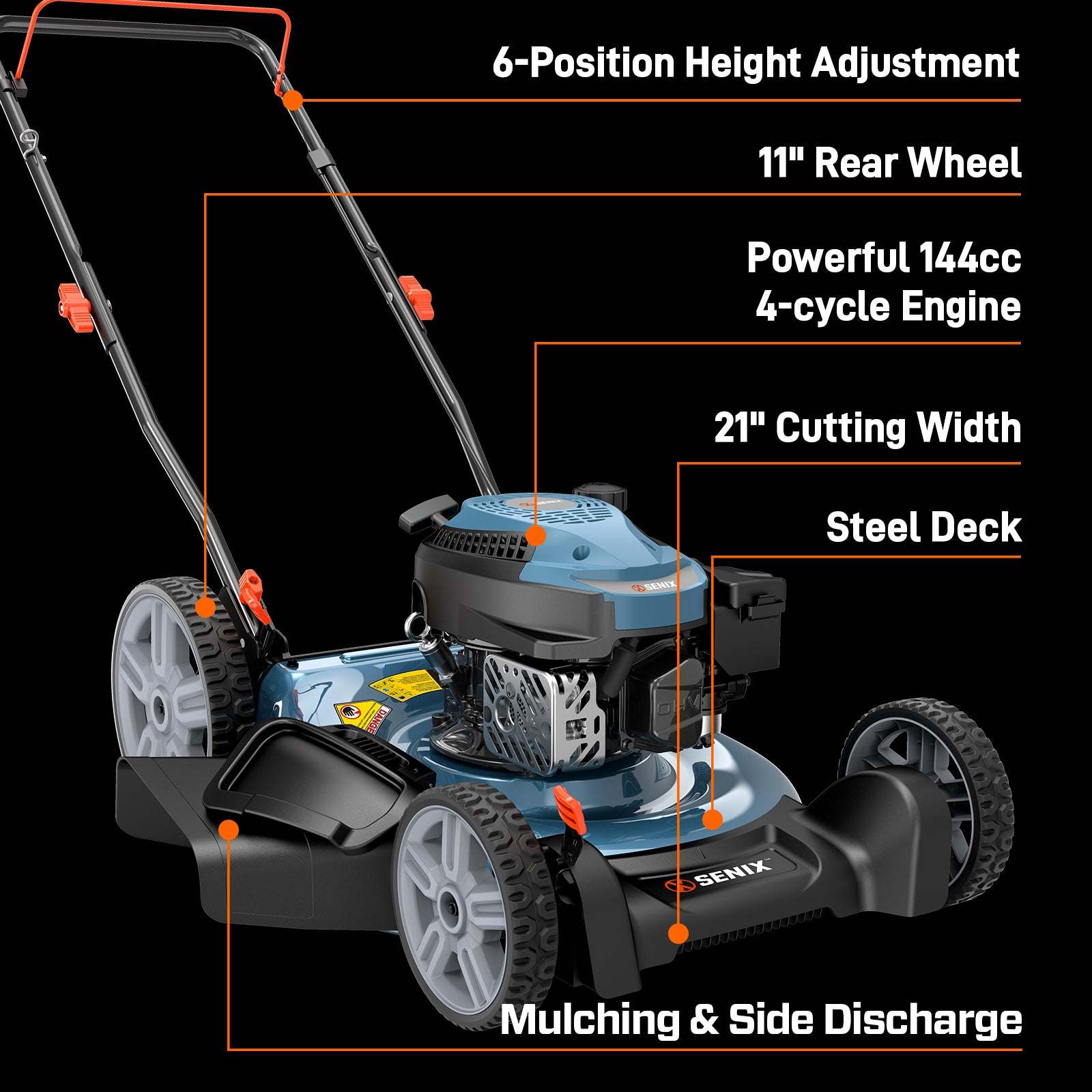 6-Position Height Adjustment  
11" Rear Wheel  
Powerful 144cc 4-cycle Engine  
21" Cutting Width  
Steel Deck  
Mulching & Side Discharge