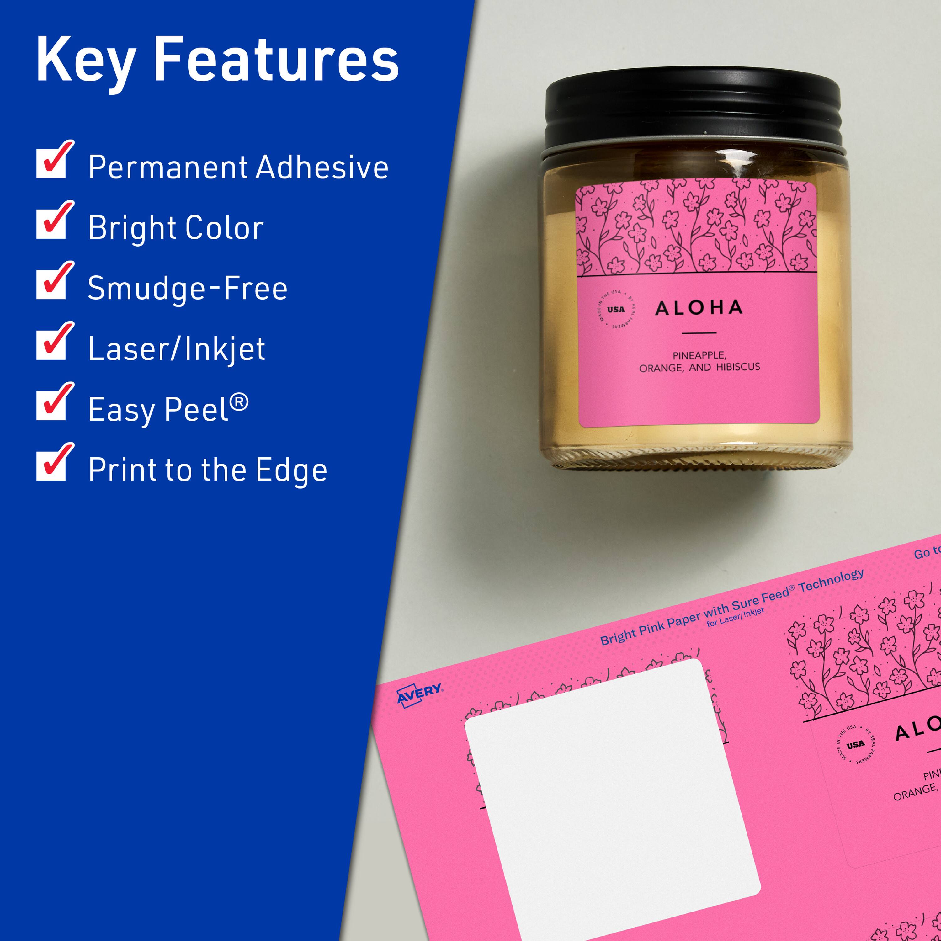 Key Features  
- Permanent Adhesive  
- Bright Color  
- Smudge-Free  
- Laser/Inkjet  
- Easy Peel®  
- Print to the Edge  

ALOHA  
Pineapple, Orange, and Hibiscus  

Bright Pink Paper with Sure Feed® Technology for Laser/Inkjet  

AVERY
