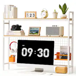 VEVOR - Desktop Bookshelf 3-Tier Countertop Storage Hutch with Grid White, for Computer Desk, Metal Frame and Wooden Shelf - White;Natural Wood