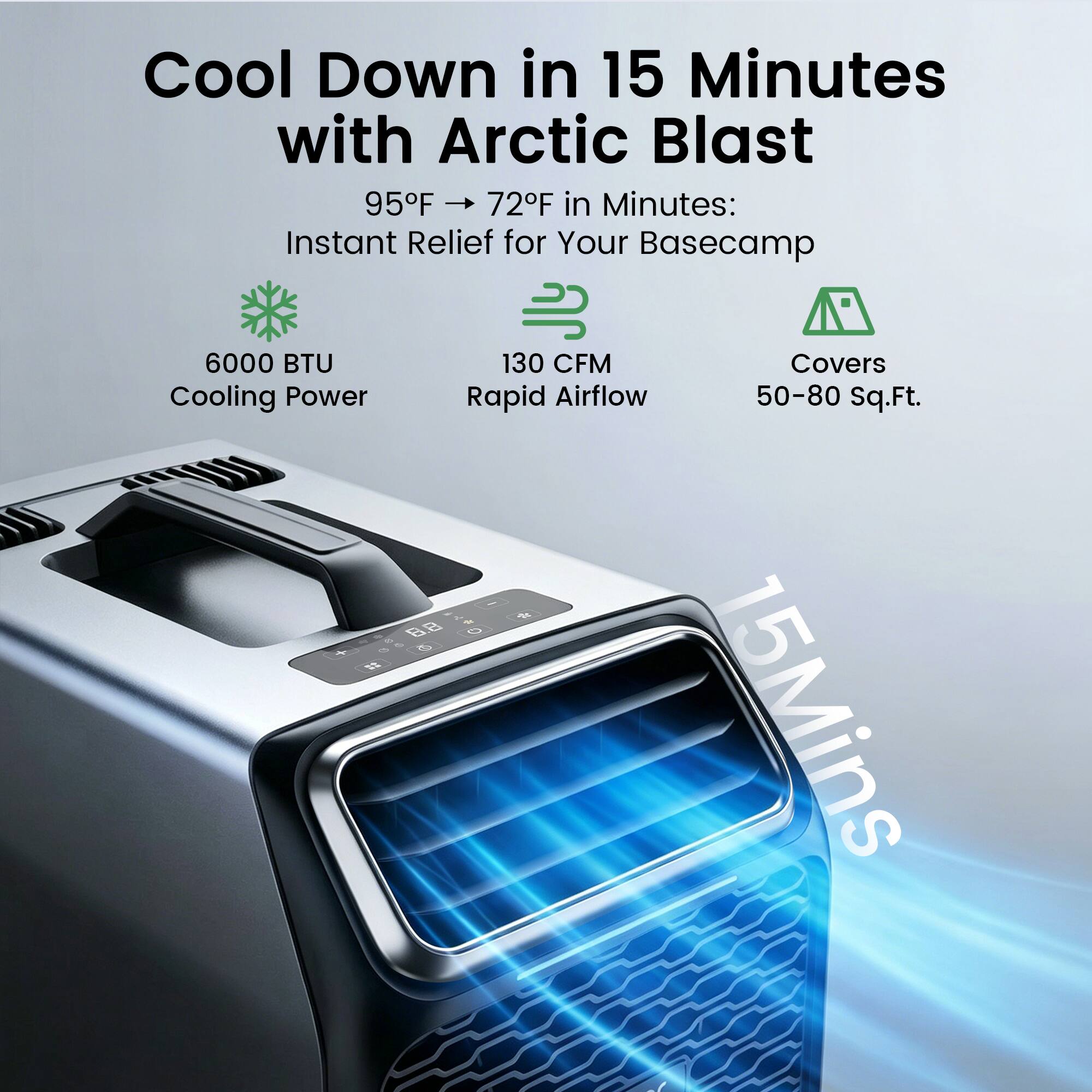 Cool Down in 15 Minutes with Arctic Blast  
95°F → 72°F in Minutes: Instant Relief for Your Basecamp  
6000 BTU Cooling Power  
130 CFM Rapid Airflow  
Covers 50-80 Sq.Ft.  
15 Mins