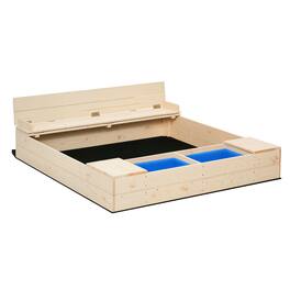 Outsunny - Kids Wooden Sandbox, Two Plastic Boxes, Foldable Bench Seat, Waterproof Cover, Bottom Liner, Storage Space