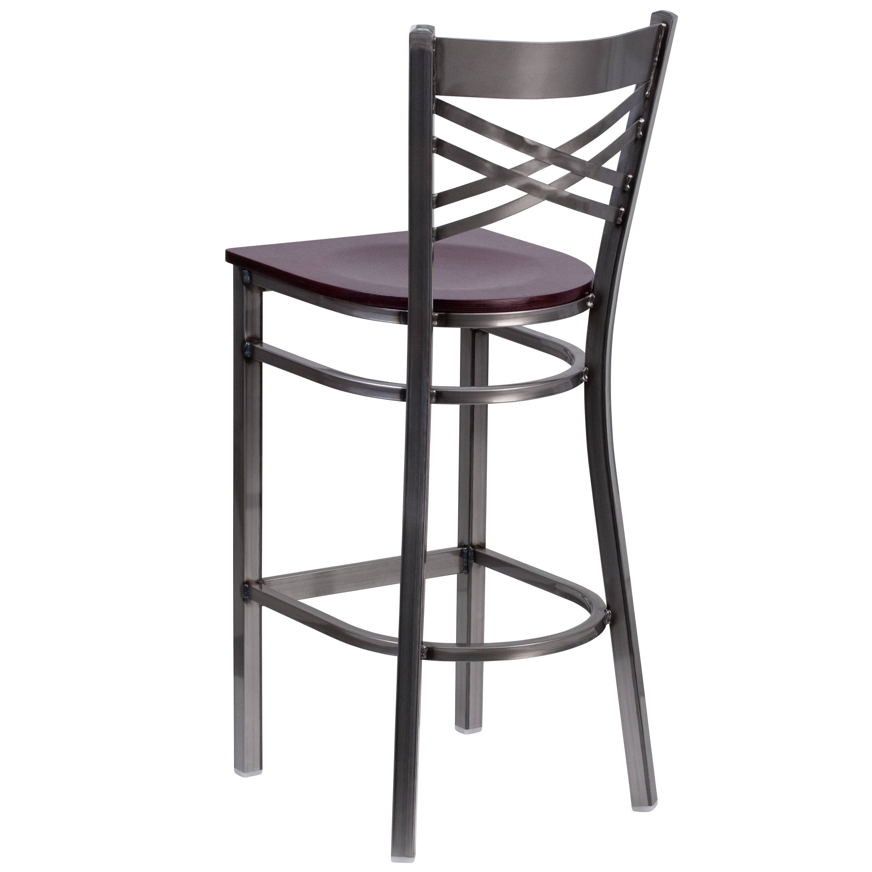 Alt View 4. Emma + Oliver - 2 Pack Clear Coated "X" Back Metal Restaurant Barstool - Mahogany Wood Seat/Clear Coated Metal Frame.