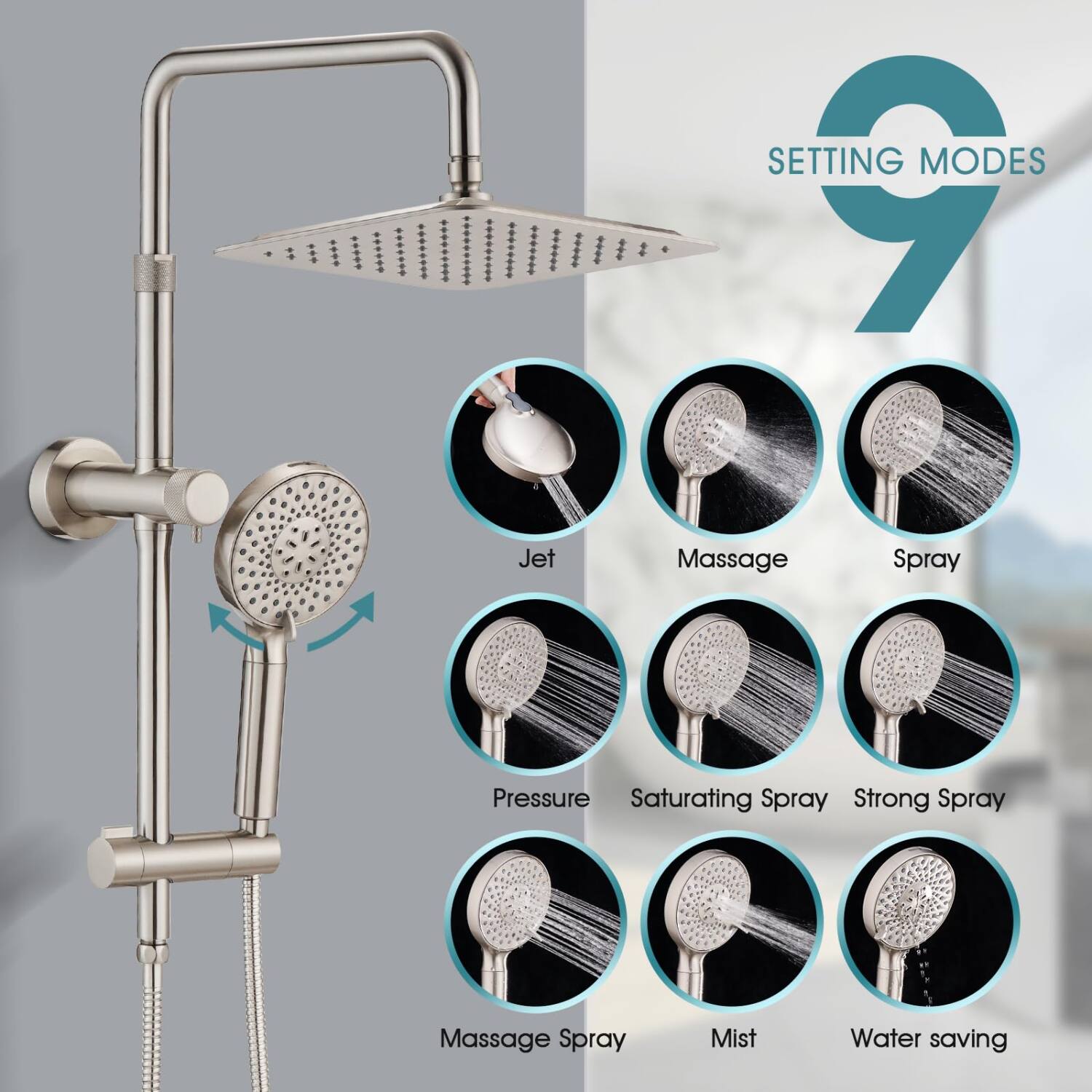 SETTING MODES  
- Jet  
- Massage  
- Spray  
- Pressure  
- Saturating Spray  
- Strong Spray  
- Massage Spray  
- Mist  
- Water saving