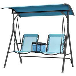 Resenkos - 2-Person Swing With Canopy, Storage, Cup Holder, Blue, Outdoor Porch Seating, Blue