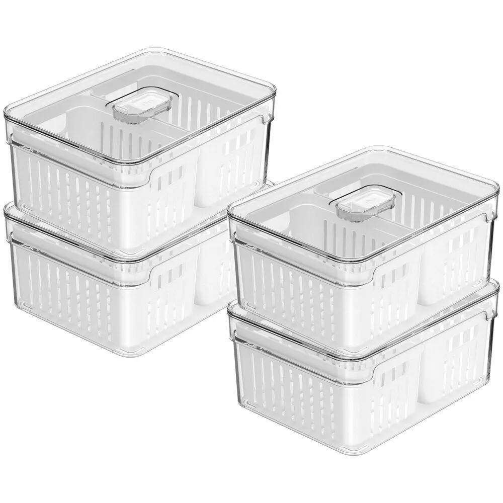 Alt View 8. OU - OU Clear Fridge Organizer Set, 4 Pack Stackable Produce Bins w Dual Removable Basket Drainer, 74.3oz - Clear.