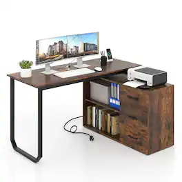 Costway - L-Shaped Desk with Power Outlet 55" Reversible Computer Desk with 3 Drawers - Rustic Brown,Black