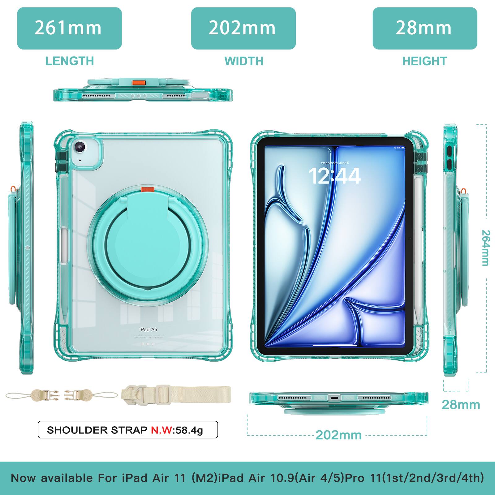 261mm LENGTH  
202mm WIDTH  
28mm HEIGHT  

264mm Pad Air  
28mm SHOULDER STRAP  
N.W: 58.4g  

Now available For iPad Air 11 (M2) iPad Air 10.9 (Air 4/5) Pro 11 (1st/2nd/3rd/4th)