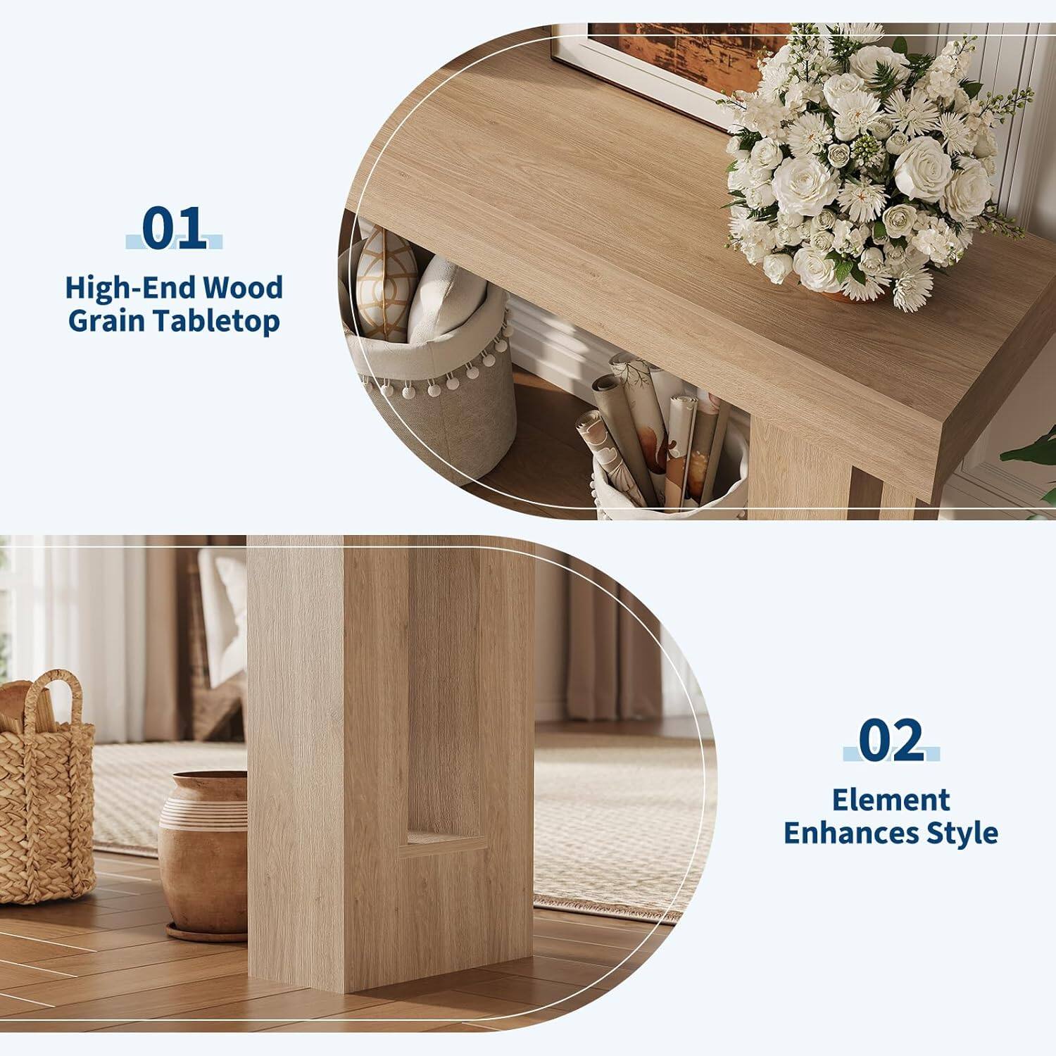 Back. GARVEE - Rectangular Console Table,63" Long Narrow Farmhouse Wood Entryway Table , Sofa Table Behind Couch,Brown - Natural.