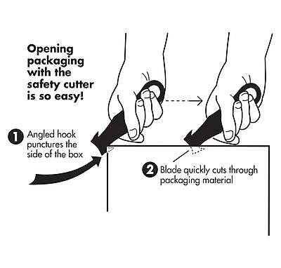 Opening packaging with the safety cutter is so easy!

1. Angled hook punctures the side of the box
2. Blade quickly cuts through packaging material
