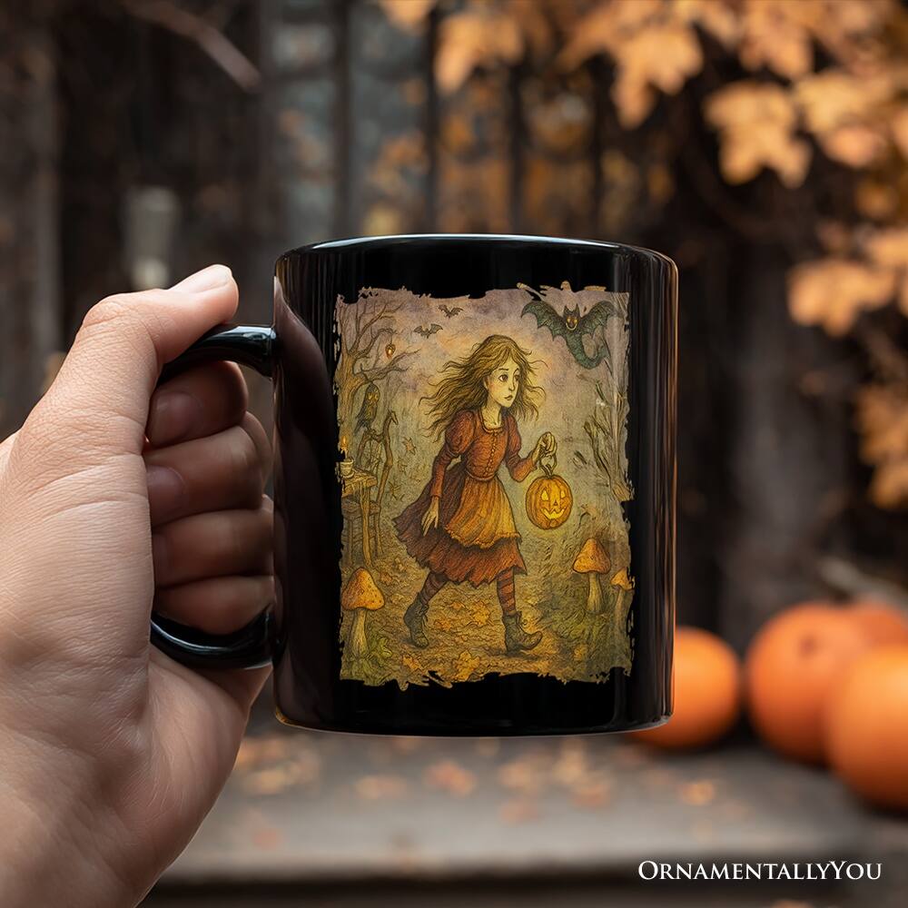 Left. OrnamentallyYou - Vintage Alice’s Adventure in Wonderland Mug, Spooky Halloween Gift - Black.