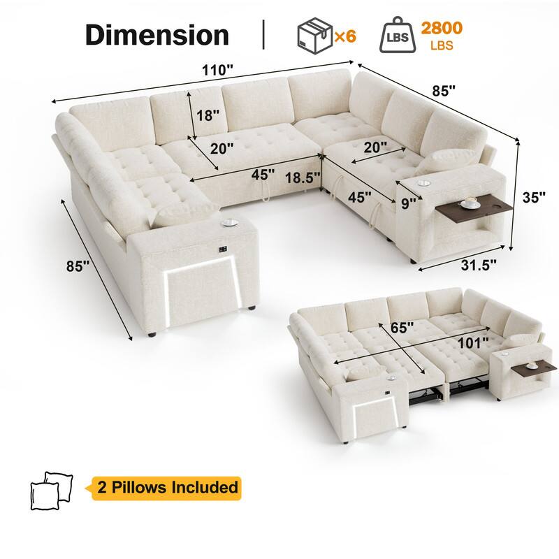 Dimension  
2800 LBS  
110" x 18" x 85" x 20" x 20" x 45" x 18.5" x 45" x 9" x 35" x 85" x 31.5" x 65" x 101"  
2 Pillows Included
