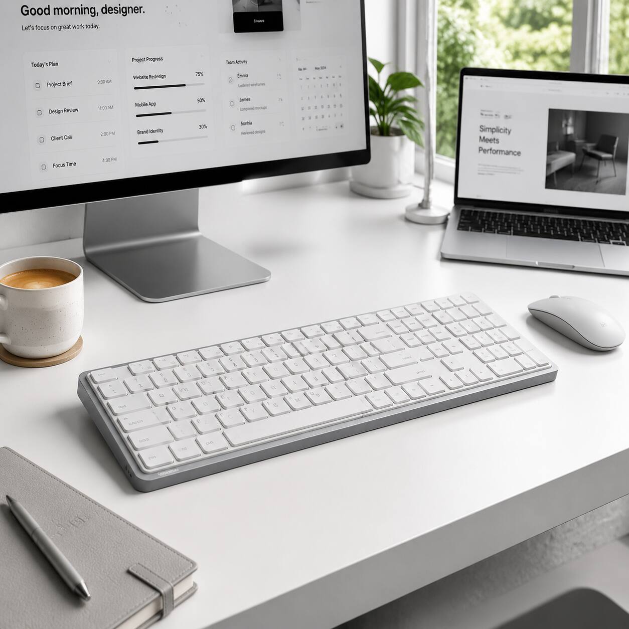Good morning, designer. Let's focus on great work today.

Today's Plan
- Project Brief 9:30 AM
- Design Review 11:00 AM
- Client Call 2:00 PM
- Focus Time 4:00 PM

Project Progress
- Website Redesign 70%
- Mobile App 50%
- Brand Identity 30%

Team Activity
- Emma: Updated homepage
- James: Completed newsletter design
- Sophia: Reviewed designs

Simplicity Meets Performance