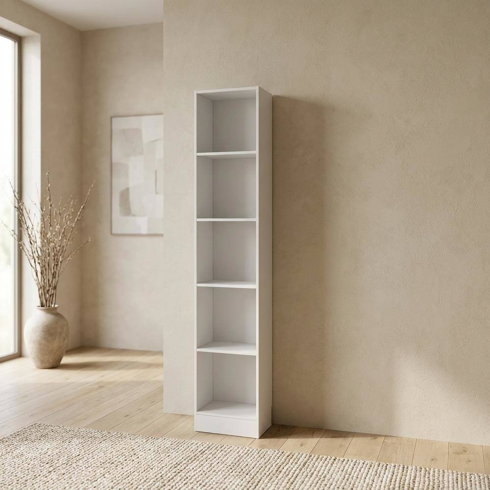 Back. FurniFact - White Tall 5 Shelf Bookcase - Stylish Narrow Bookshelf for Home or Office - White.