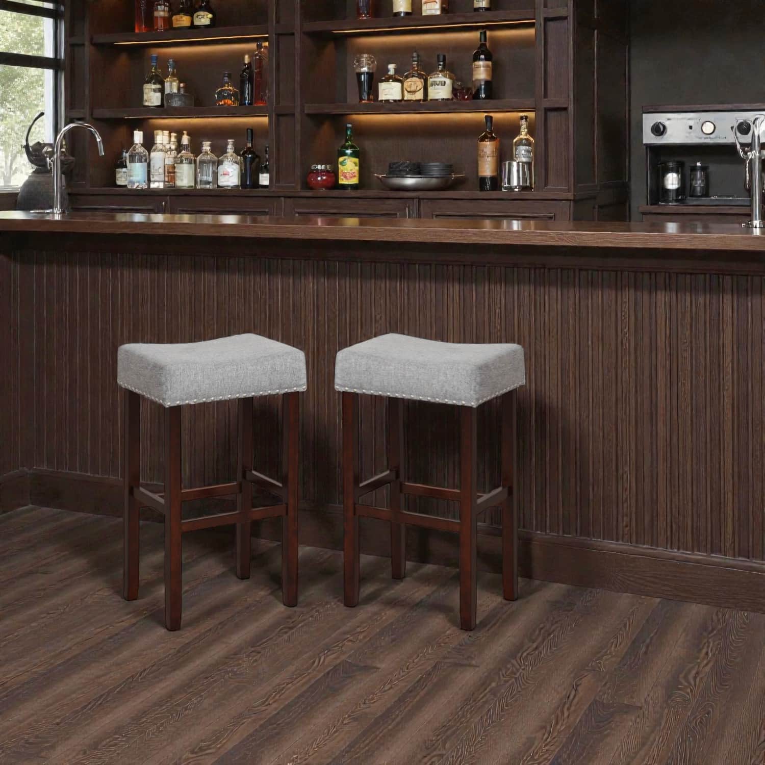 Hivvago - 29 Inch Upholstered Bar Stools with Solid Rubber Wood Frame and Footrests- Set of 2 - Gray