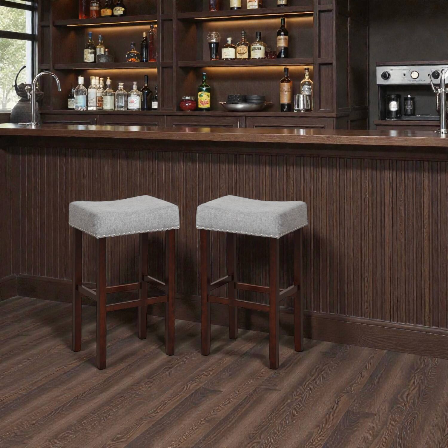 Hivvago - 29 Inch Upholstered Bar Stools with Solid Rubber Wood Frame and Footrests- Set of 2 - Gray