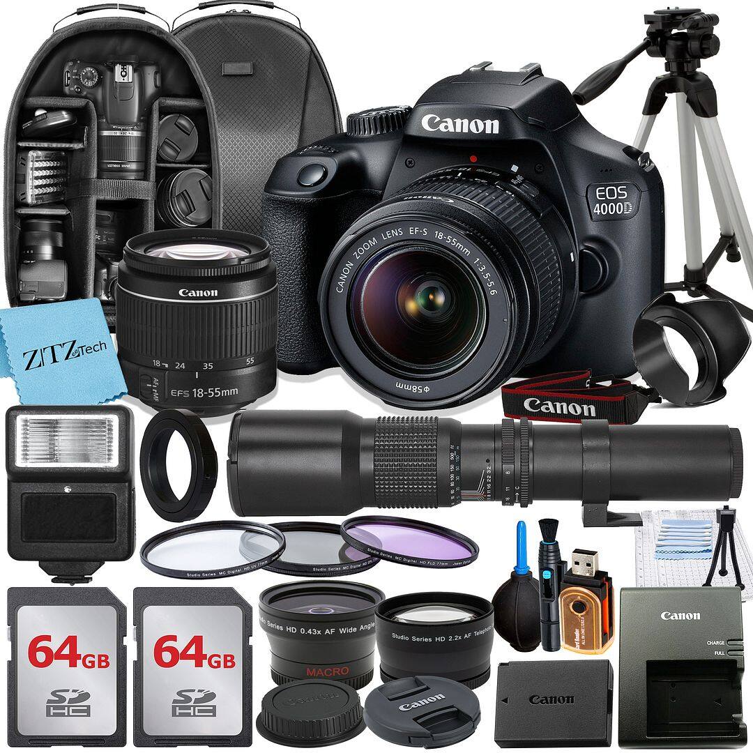 Canon - EOS 4000D / T100 DSLR Camera with 18-55 Lens + 2x 64GB Card + Backpack + ZeeTech Bundle (International Version) - Black