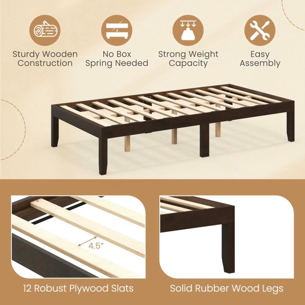 Sturdy Wooden Construction  
No Box Spring Needed  
Strong Weight Capacity  
Easy Assembly  

4.5"  
12 Robust Plywood Slats  
Solid Rubber Wood Legs
