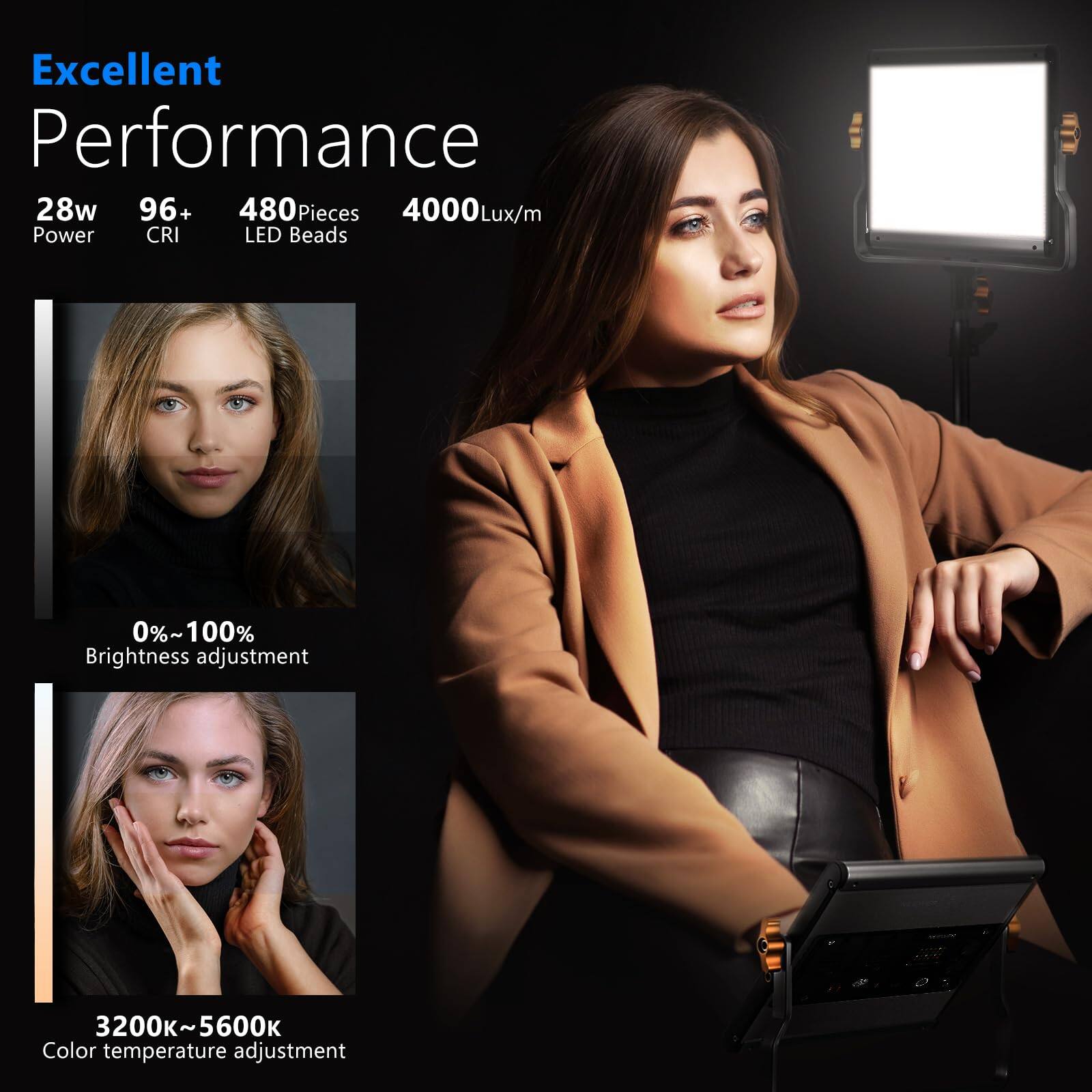 Excellent Performance  
28w Power  
96+ CRI  
480 Pieces LED Beads  
4000 Lux/m  
0%~100% Brightness adjustment  
3200K~5600K Color temperature adjustment