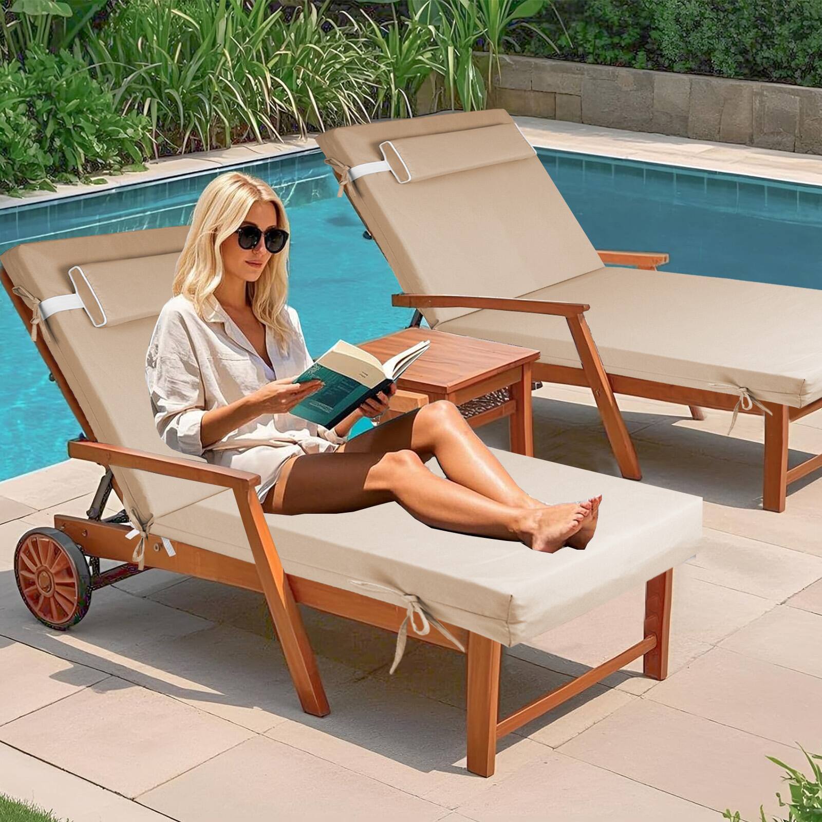 Alt View 6. Chateau Abodes - 4PCS Outdoor Chaise Lounge Cushion, Waterproof Patio Chaise Lounge Cushion with Ties, 72" L X 21" W X 3" D - Beige.