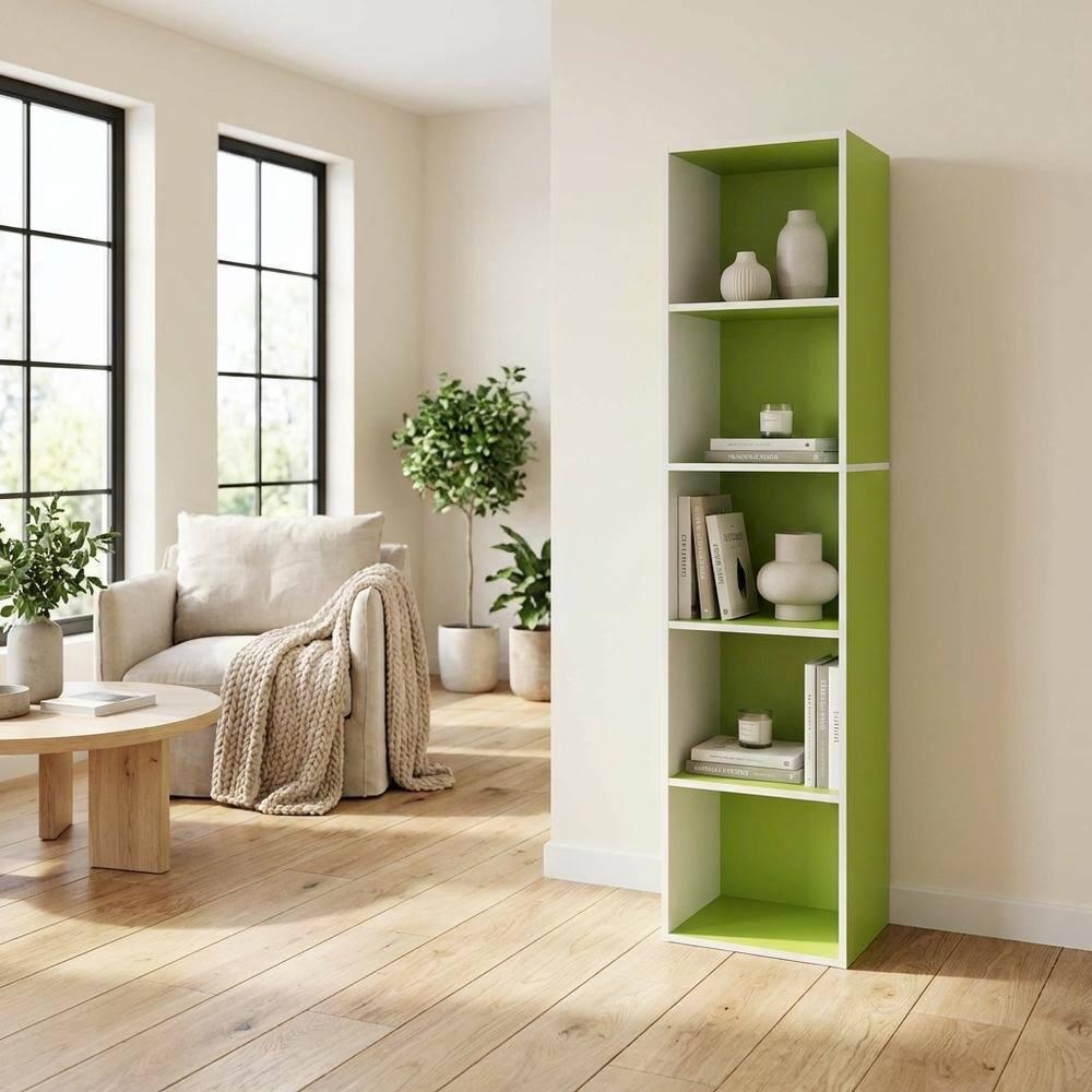 Left. FurniFact - 5-Tier Open Shelf Bookcase with Engineered Wood Construction - Green/White.