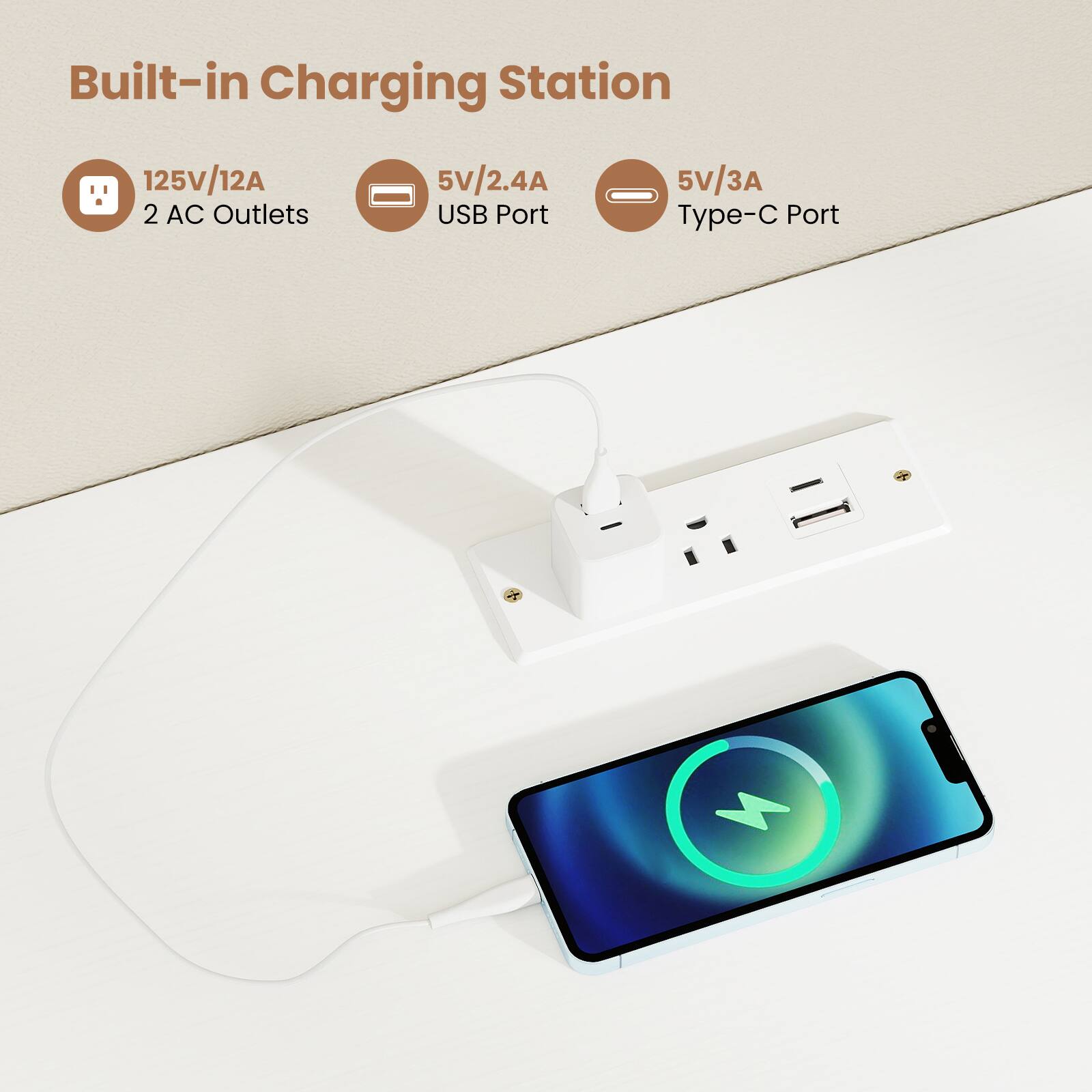 Built-in Charging Station

- 125V/12A 2 AC Outlets
- 5V/2.4A USB Port
- 5V/3A Type-C Port