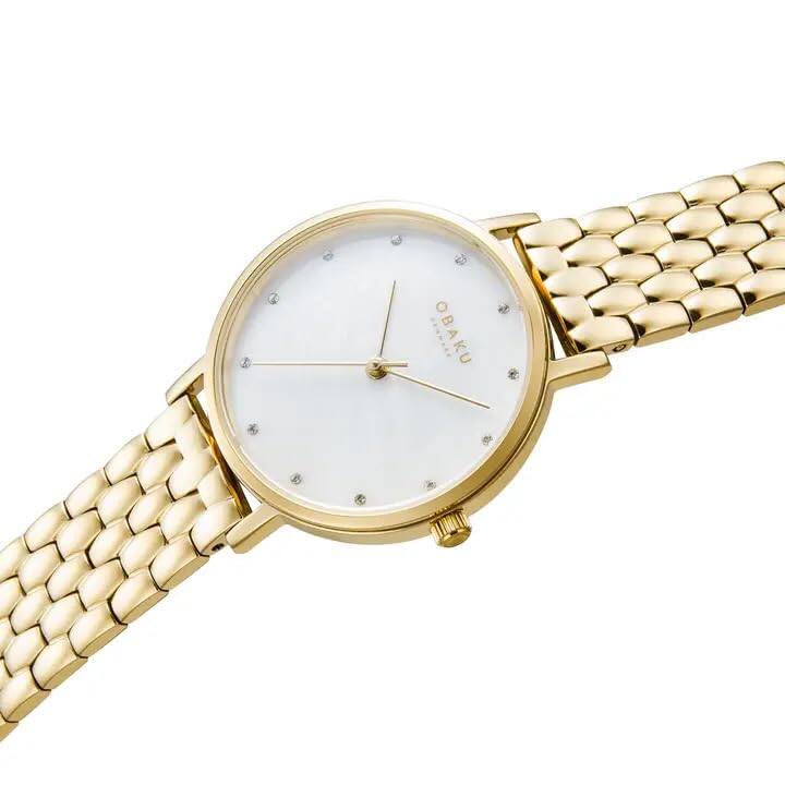 Angle. Obaku - Obaku Brink Lillie Yellow Gold Women's Stainless Steel Wrist Watch with Mother-of-Pearl Dial and Rose Gold IP Bracelet, - Yellow Gold.