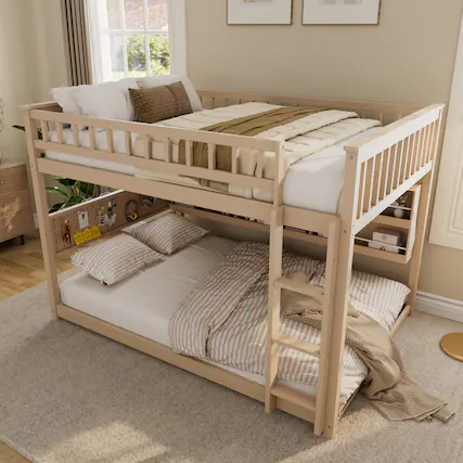 Front. Anysun - Full over Full Bunk Bed with Integrated Shelving, Color-Changing Lights and Pegboard - Beige.