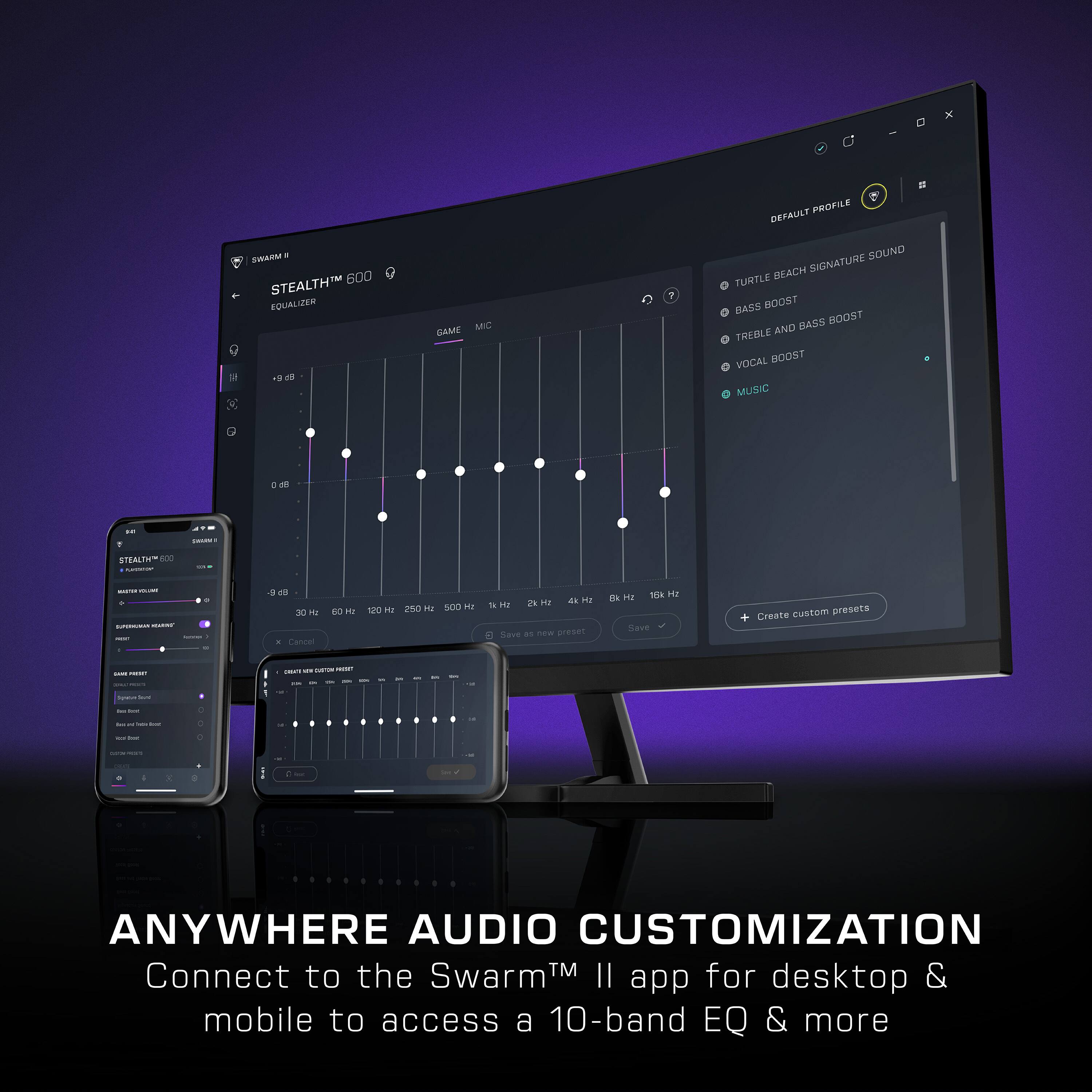 The text on the image reads: "Anywhere Audio Customization Connect to the Swarm TM Il for desktop & mobile to access a 10-band EQ & more". This text is promoting a product or service that allows users to customize their audio experience on various devices, such as desktop computers, mobile phones, and possibly other devices. The product or service is called Swarm TM Il, and it offers a 10-band equalizer and other features to enhance the audio experience.