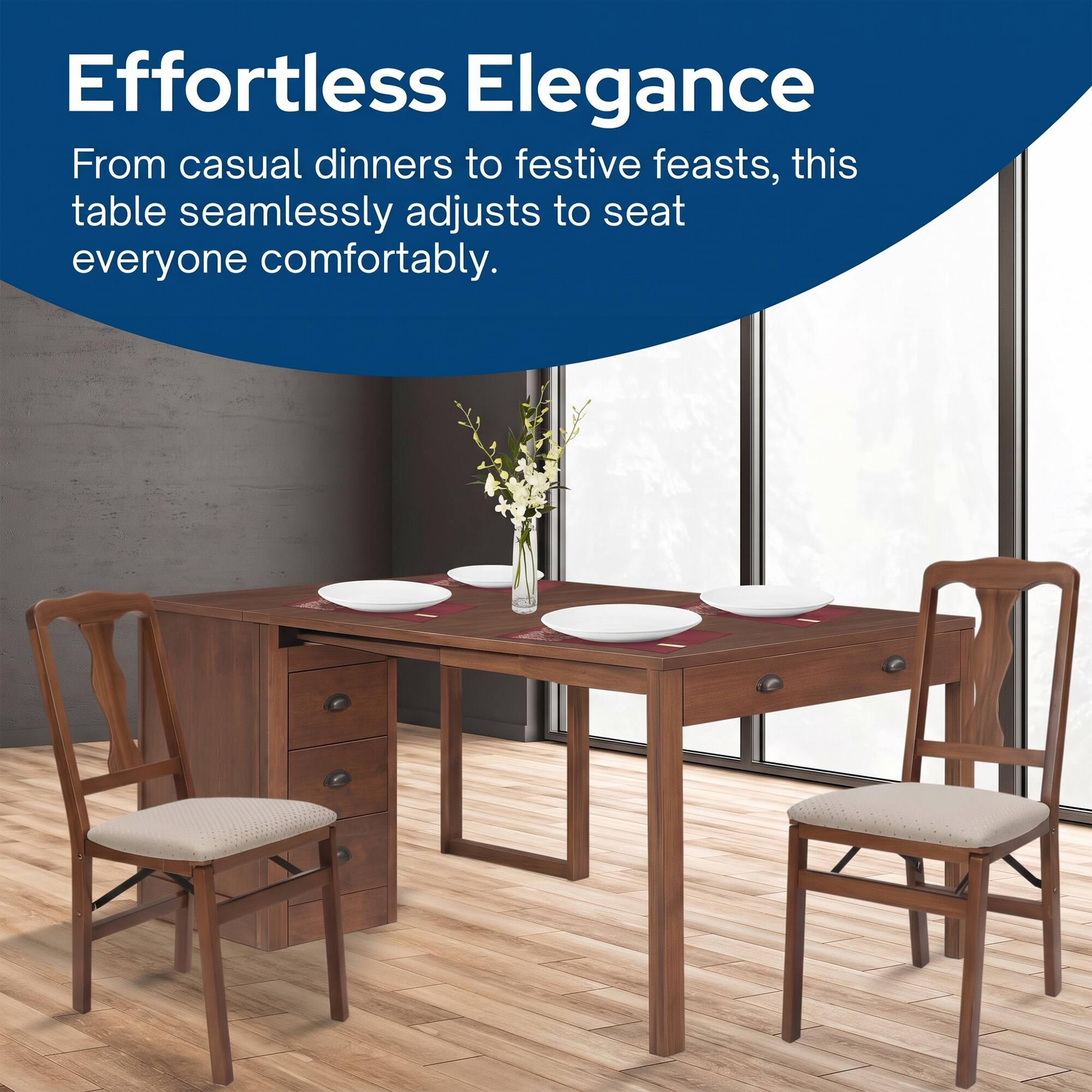 Effortless Elegance

From casual dinners to festive feasts, this table seamlessly adjusts to seat everyone comfortably.