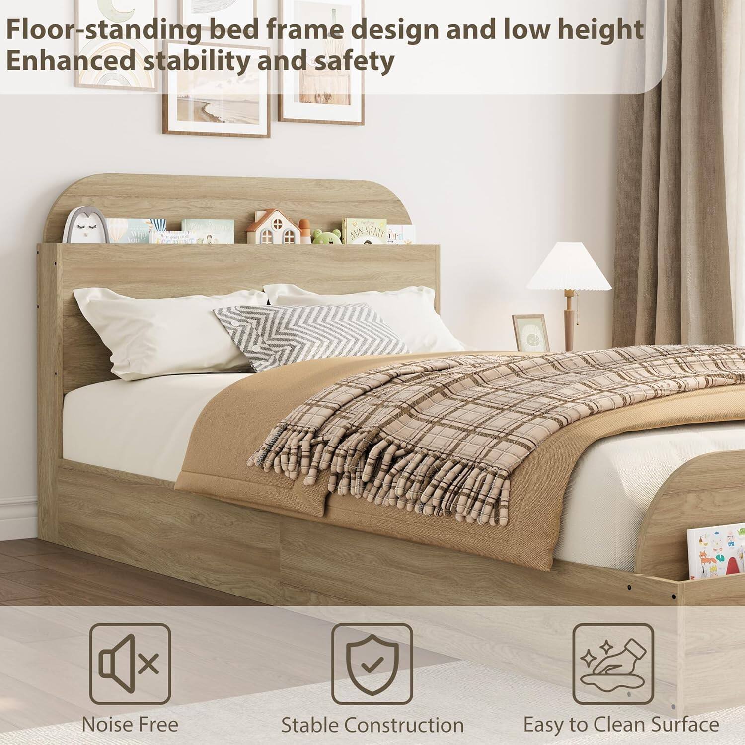 Floor-standing bed frame design and low height  
Enhanced stability and safety  

Noise Free  
Stable Construction  
Easy to Clean Surface