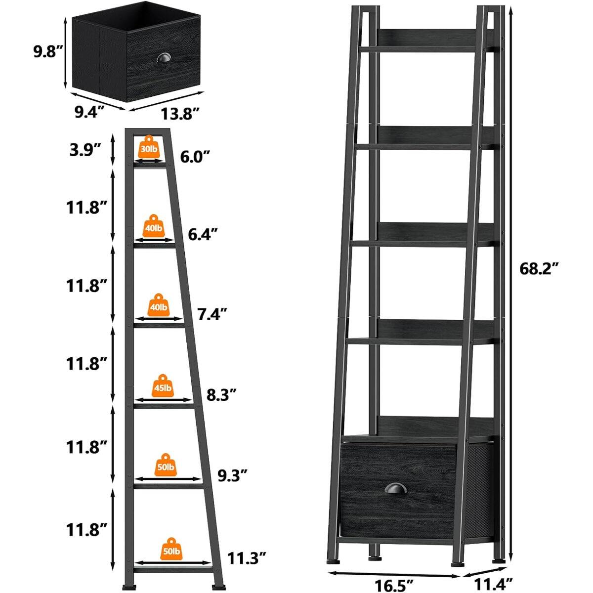 9.8" 9.4" 13.8" 3.9" 30lb 6.0" 11.8" 40lb 6.4" 11.8" 40lb 7.4" 11.8" 45lb 8.3" 11.8" 50lb 9.3" 11.8" 50lb 11.3" 16.5" 11.4"