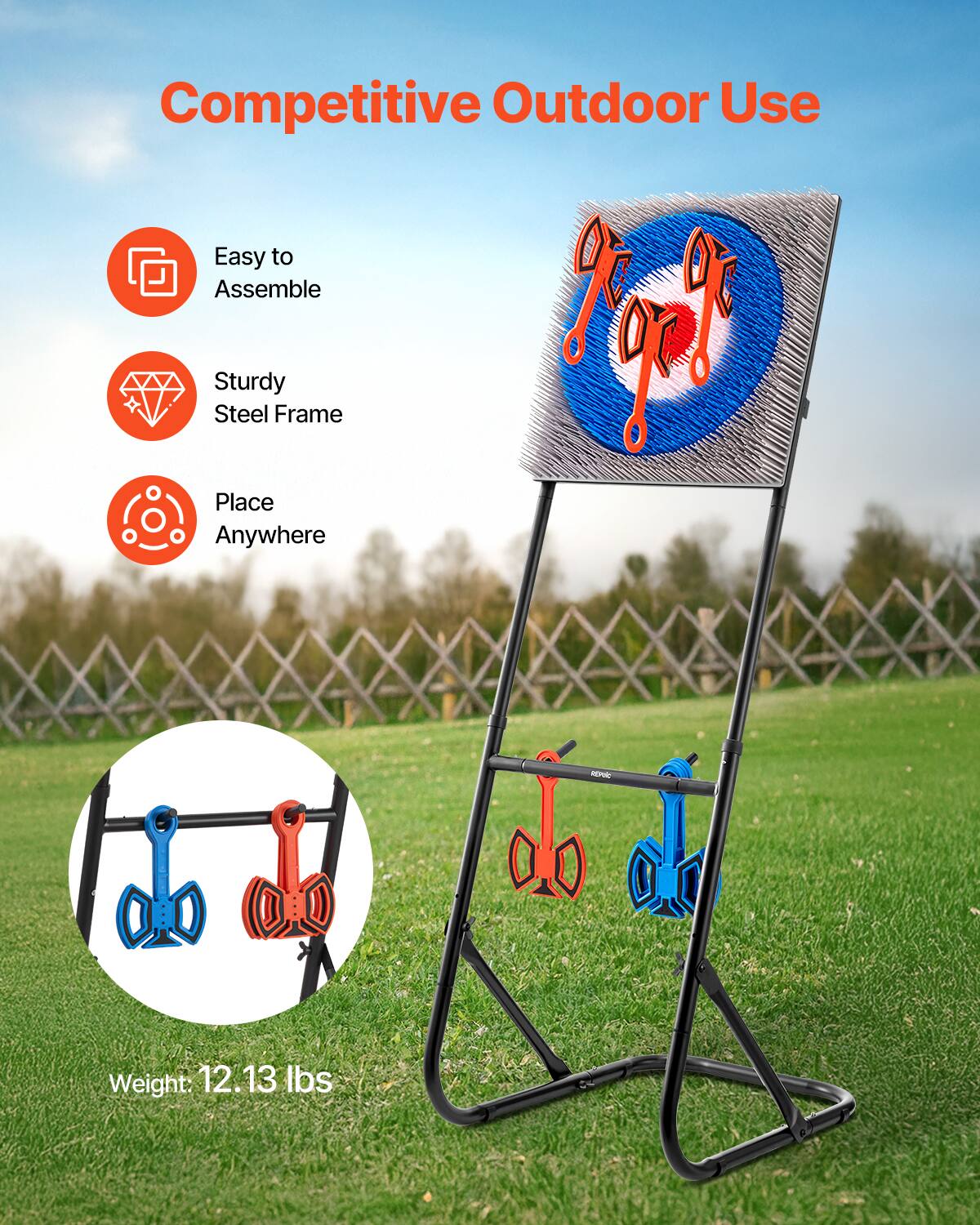 Competitive Outdoor Use

- Easy to Assemble
- Sturdy Steel Frame
- Place Anywhere

Weight: 12.13 lbs