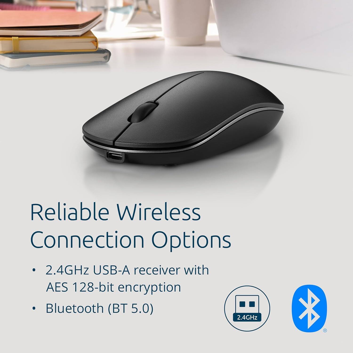 Reliable Wireless Connection Options

- 2.4GHz USB-A receiver with AES 128-bit encryption
- Bluetooth (BT 5.0)