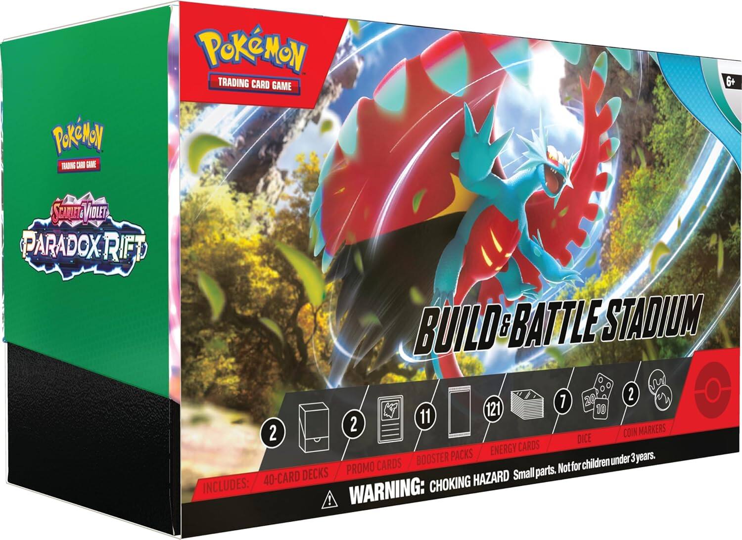 Pokémon Trading Card Game  
6+  
Scarlet & Violet Paradox Rift  
Build & Battle Stadium  

Includes:  
- 2 40-Card Decks  
- 2 Promo Cards  
- 11 Booster Packs  
- 12 Energy Cards  
- 7 Dice  
- 20 Coin Markers  
- 10 Markers  

Warning: Choking Hazard. Small parts. Not for children under 3 years.