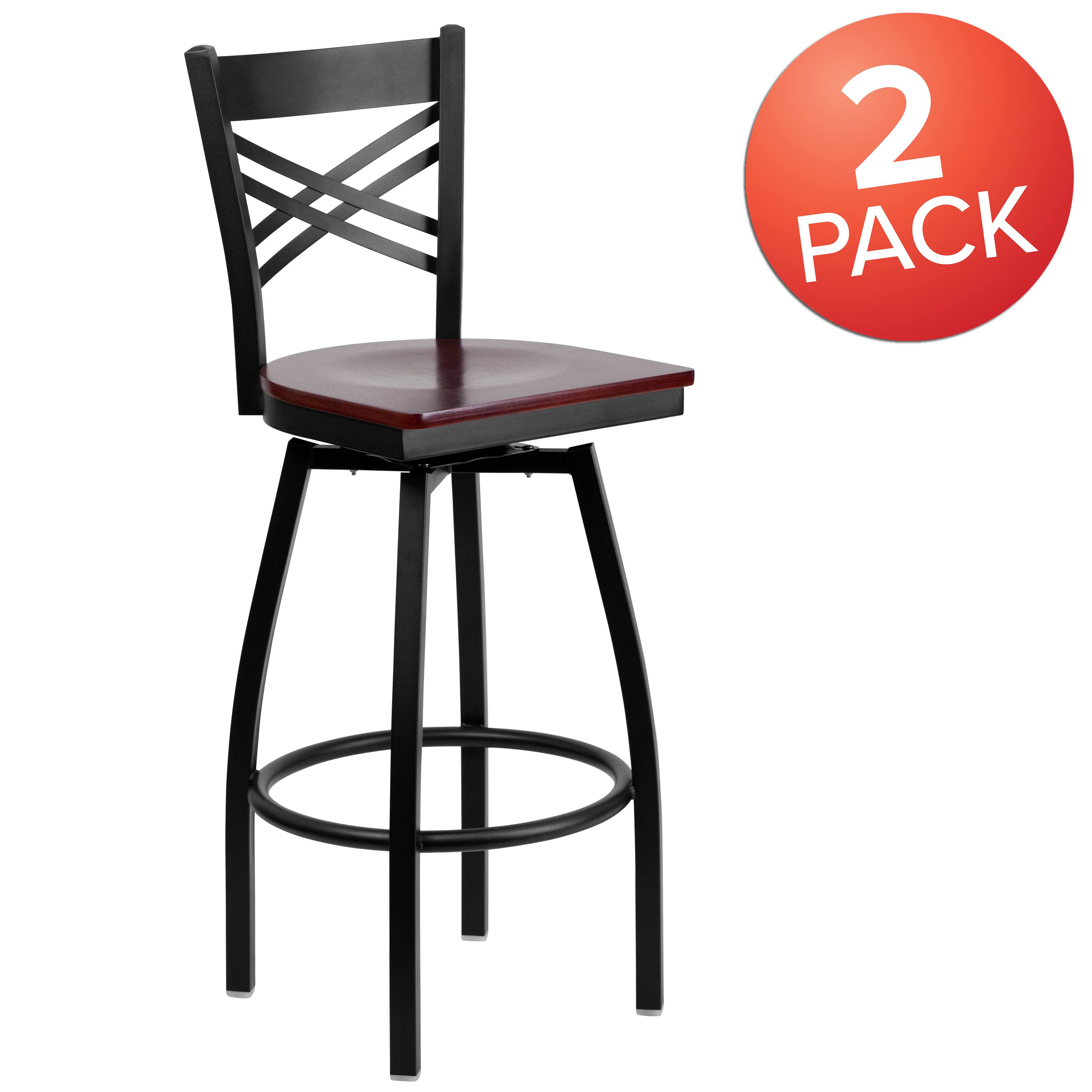 Alt View 1. Emma + Oliver - 2 Pack "X" Back Swivel Metal Barstool - Mahogany Wood Seat/Black Metal Frame.