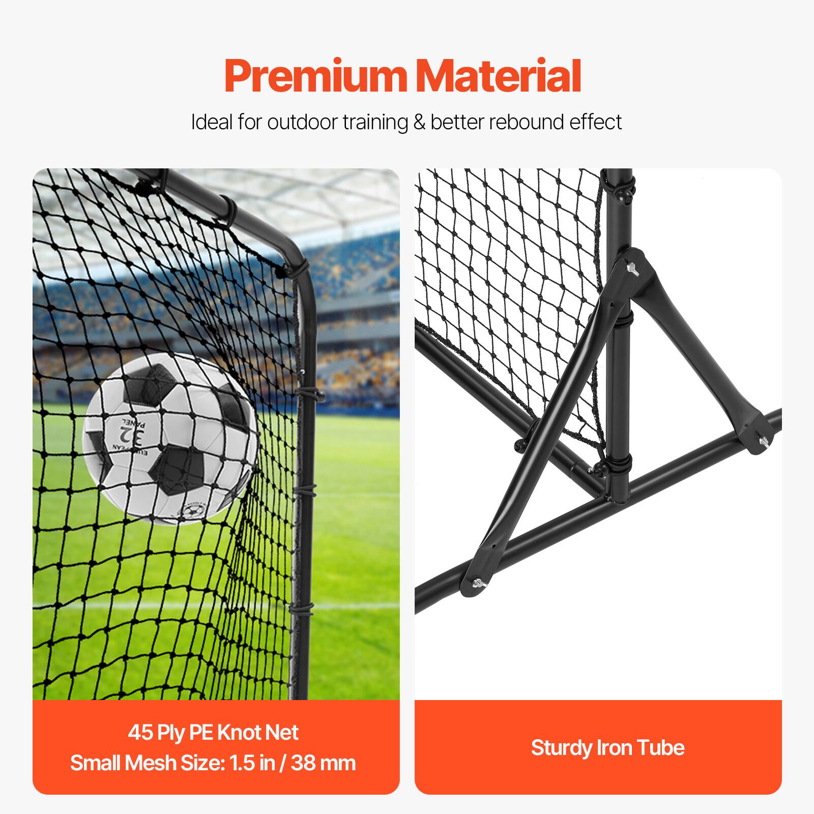 Premium Material  
Ideal for outdoor training & better rebound effect  

45 Ply PE Knot Net  
Small Mesh Size: 1.5 in / 38 mm  

Sturdy Iron Tube