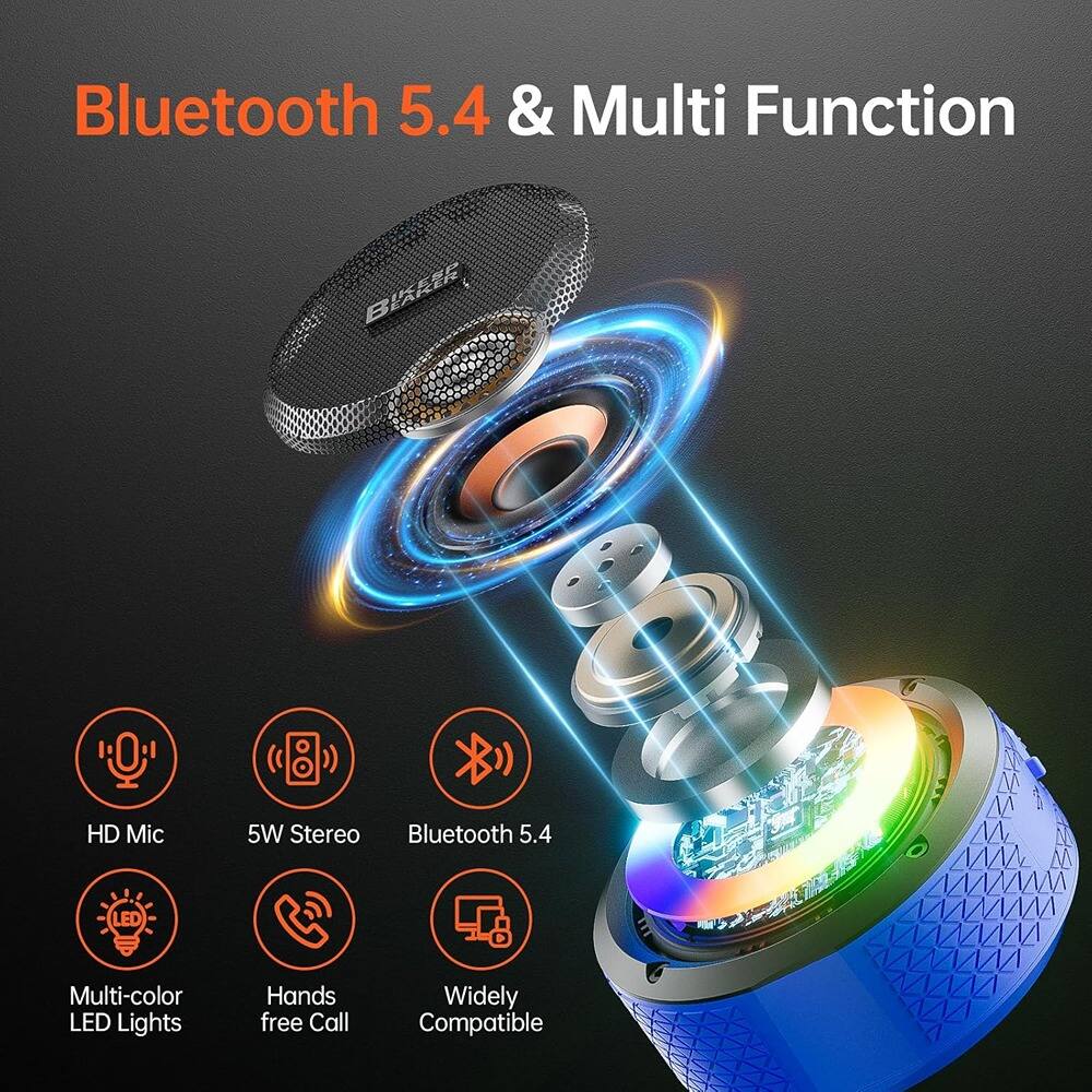 Bluetooth 5.4 & Multi Function

- HD Mic
- 5W Stereo
- Bluetooth 5.4
- Multi-color LED Lights
- Hands free Call
- Widely Compatible