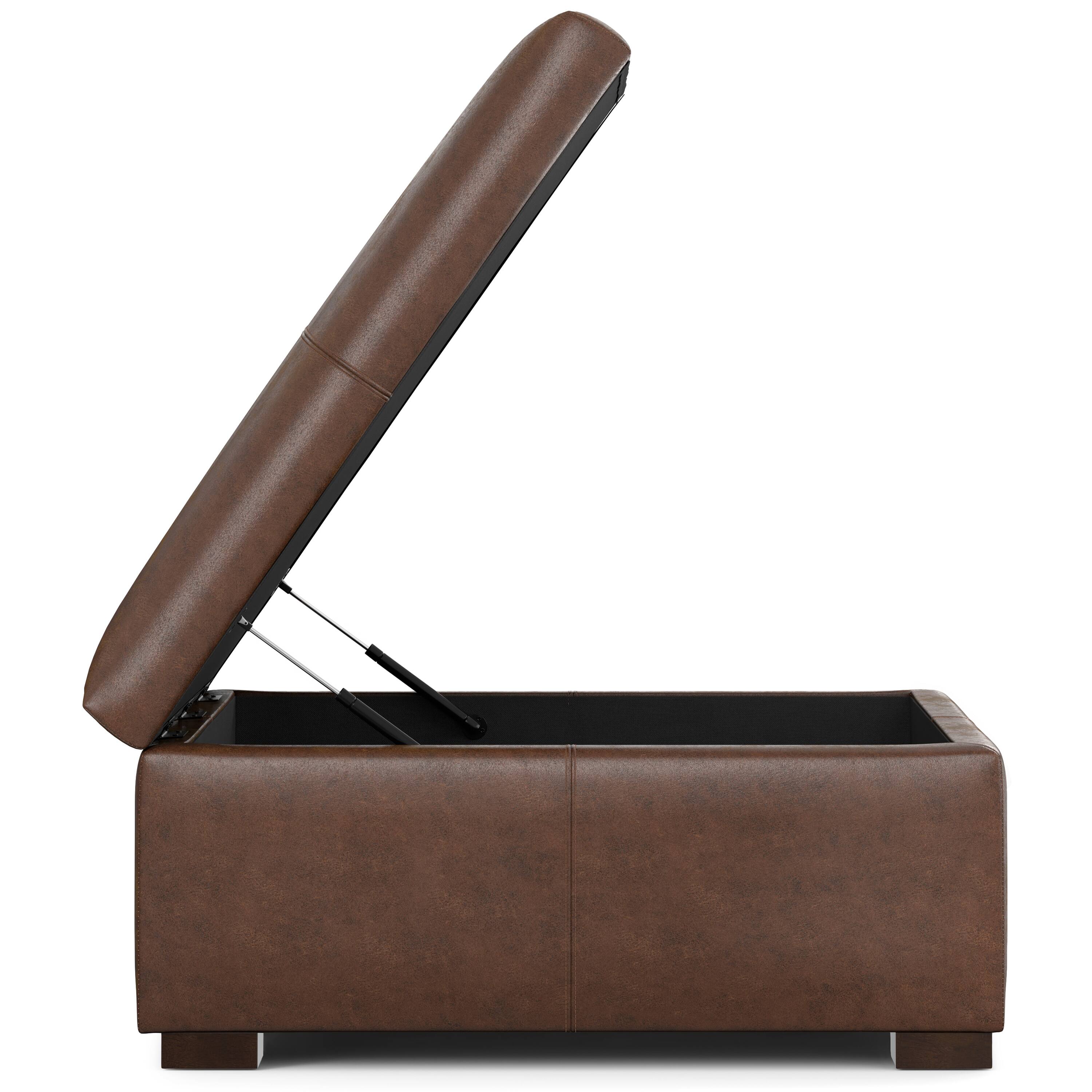 Alt View 4. Simpli Home - Gabbie 36 inch Wide Square Coffee Table Storage Ottoman in Distressed Chestnut Brown Vegan Leather - Distressed Chestnut Brown.