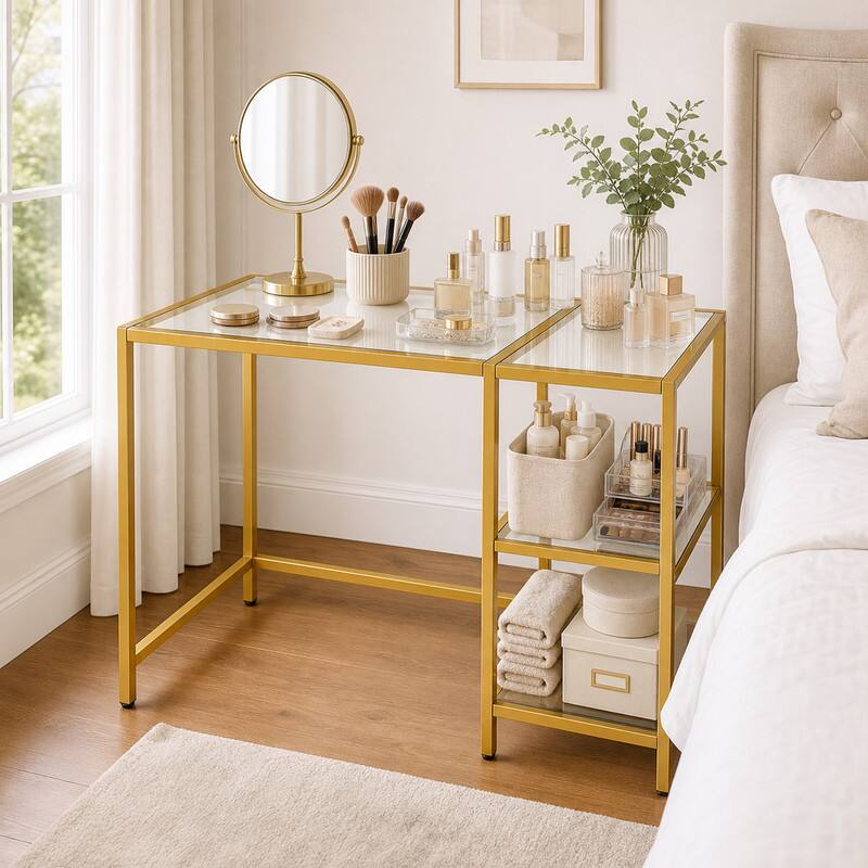 Angle. WELLFOR - 42" Modern Home Office Desk with  2 Open Shelves and Metal Frame, Computer Desk Laptop PC Work Table - Golden.