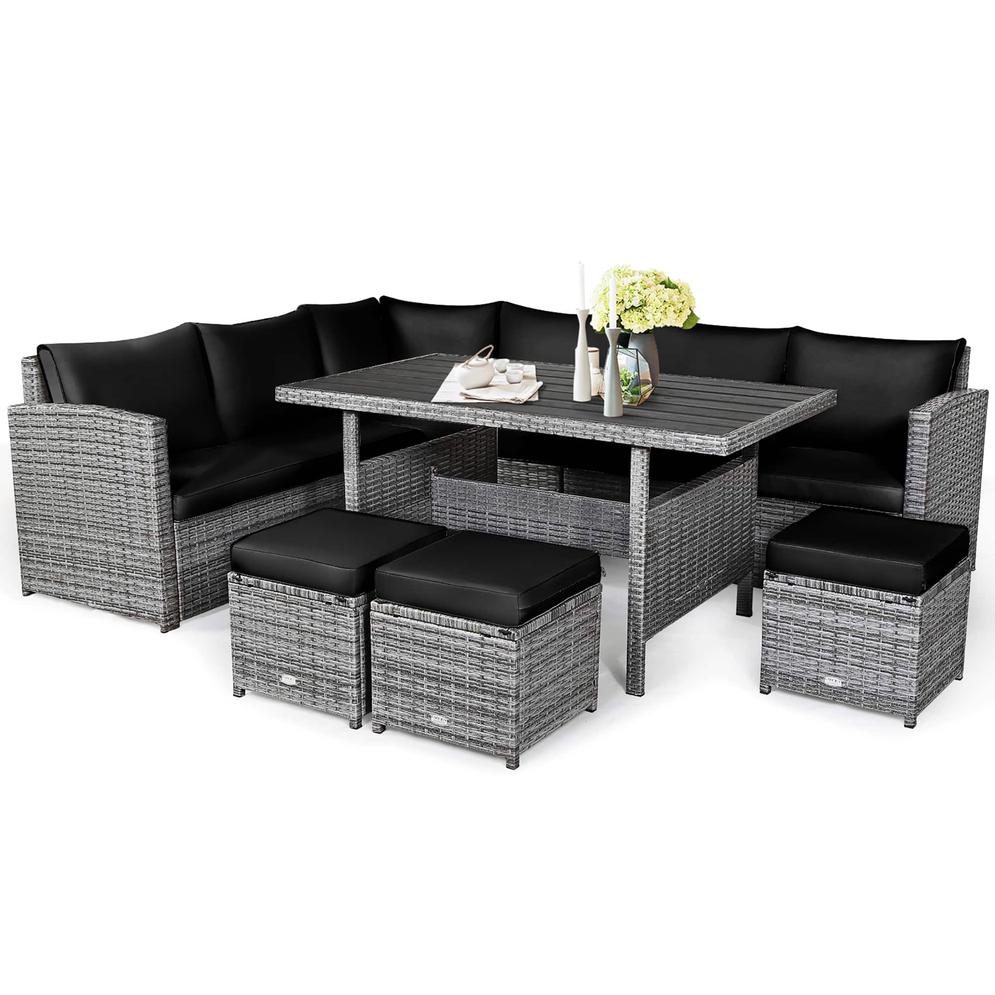Front. Costway - 7 PCS Patio Rattan Dining Set Sectional Sofa Couch Ottoman Garden - Black.