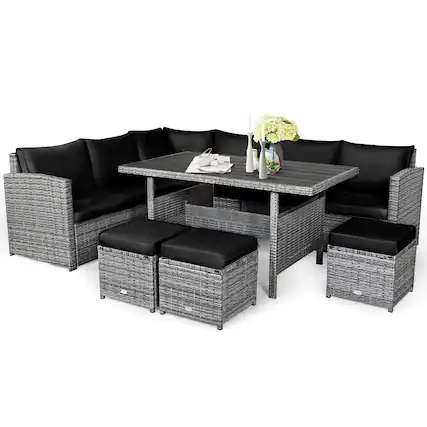 Front. Costway - 7 PCS Patio Rattan Dining Set Sectional Sofa Couch Ottoman Garden - Black.