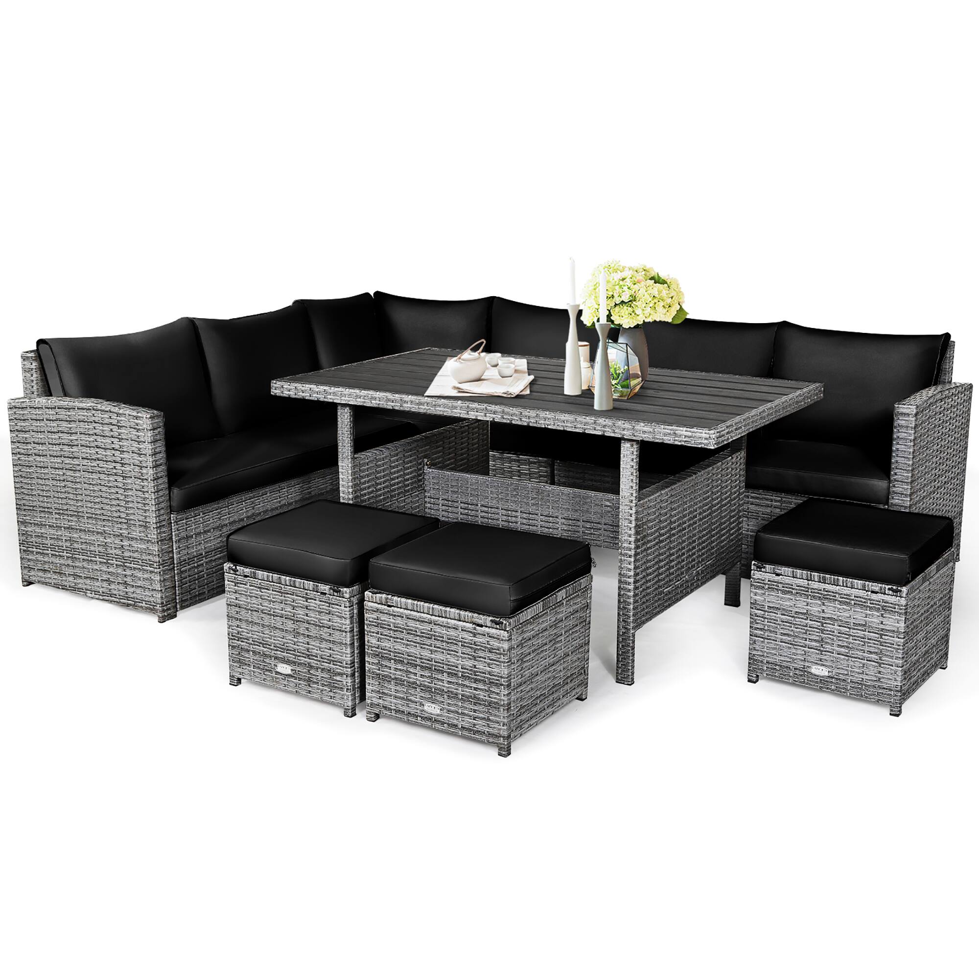 Costway - 7 PCS Patio Rattan Dining Set Sectional Sofa Couch Ottoman Garden - Black