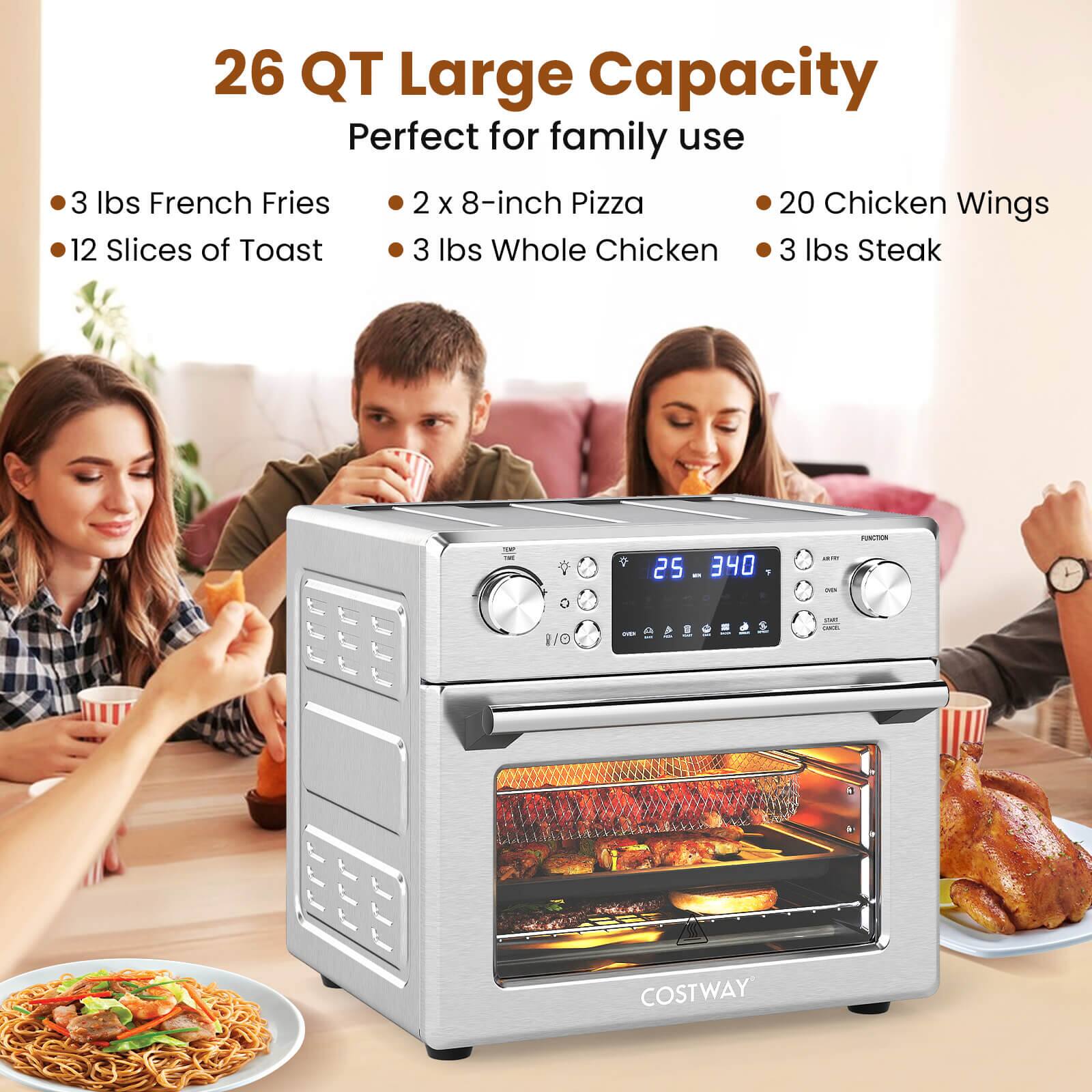 26 QT Large Capacity  
Perfect for family use  
- 3 lbs French Fries  
- 12 Slices of Toast  
- 2 x 8-inch Pizza  
- 20 Chicken Wings  
- 3 lbs Whole Chicken  
- 3 lbs Steak  

FUNUTM R/O  
COSTWAY