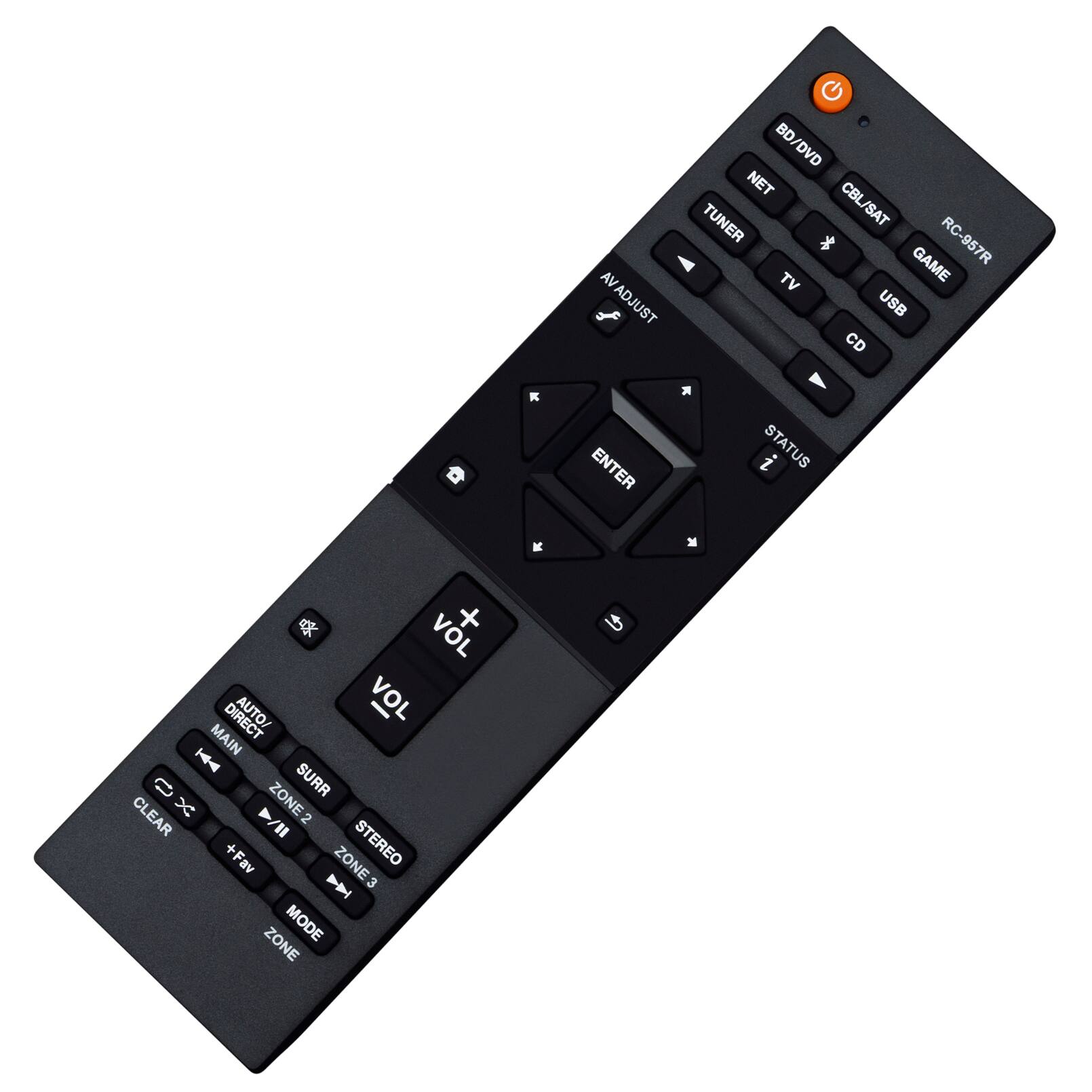 AV ADJUST  
BD/DVD  
NET  
TUNER  
CBL/SAT  
TV  
USB  
CD  
ENTER  
STATUS  
VOL +  
VOL -  
AUTO  
DIRECT  
Surr  
CLEAR  
X  
ZONE2  
STEREO  
ZONE3  
MODE  
RC-957R